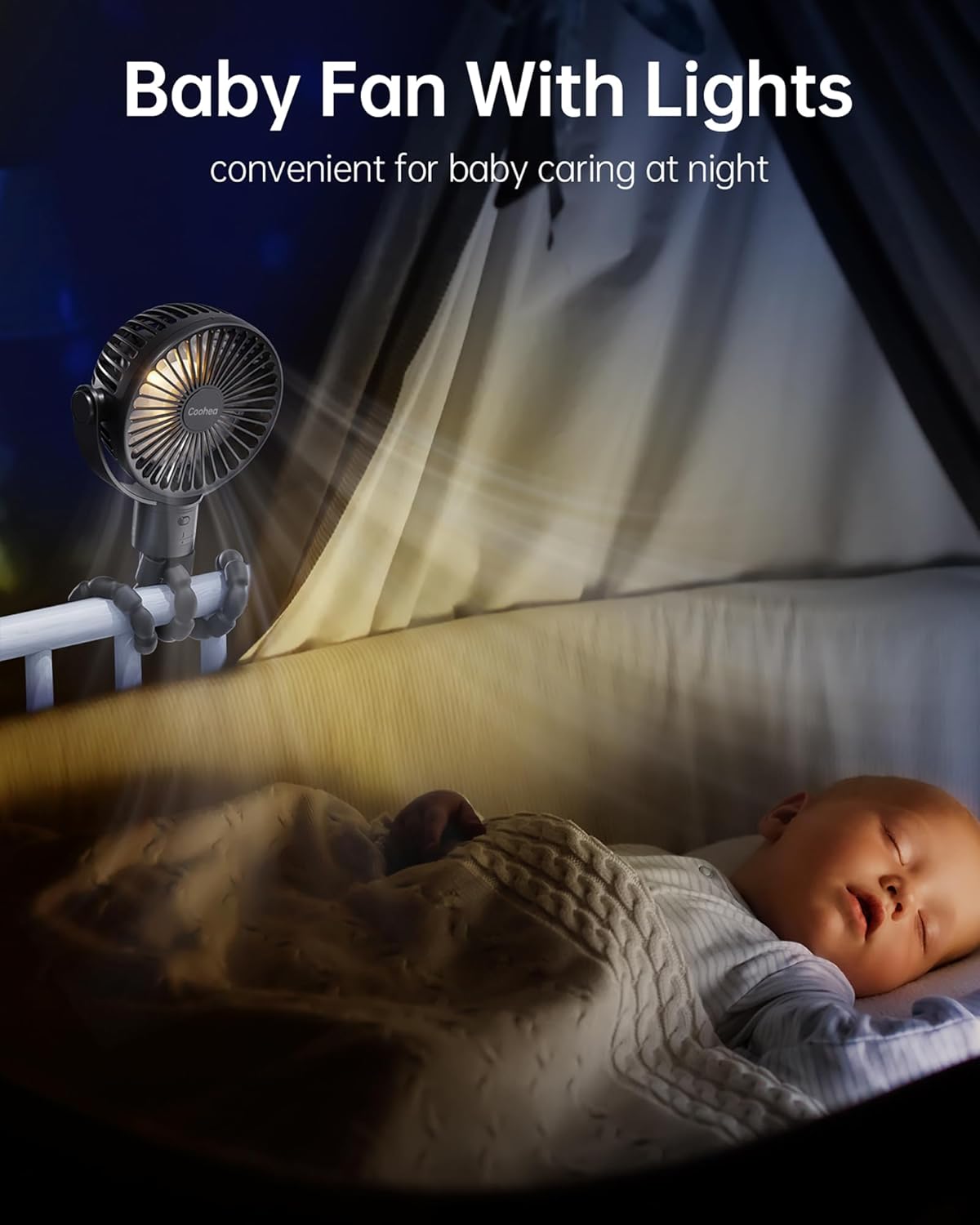 Stroller Fan Rechargeable Battery Powered Portable Fans, Head Detachable 360° Rotatable Clip on Fan, 3 Speed Quiet Small Mini Fans with Light Night for Carseat, Bed, Crib, Bike, Travel, Black