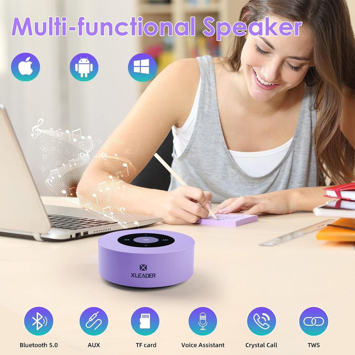 XLEADER Mini Bluetooth Speaker (Travel Case Provided) HD Sound&Rich Bass, Touch Design, 12-15H Playtime, Support Aux Input, Micro SD, Mic, Small, for iPhone Laptop Shower Office, Ideal Gifts, Purple