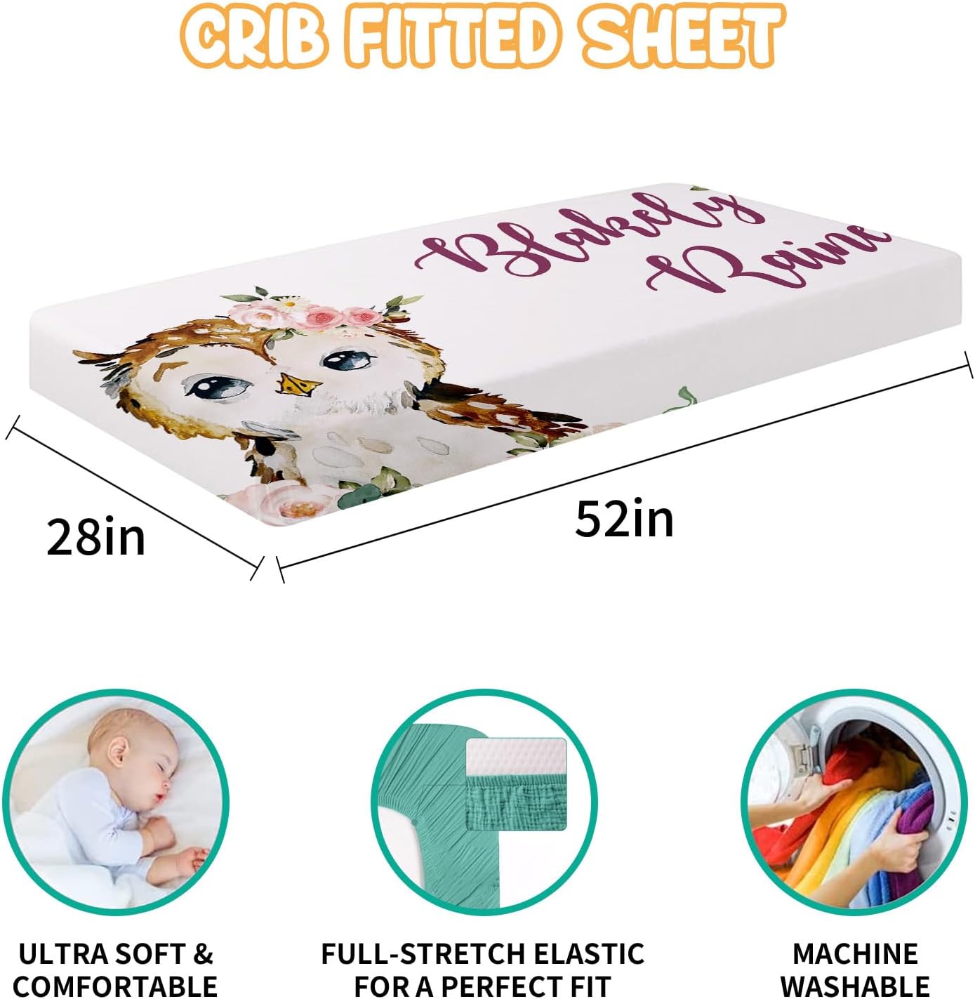 Custom Crib Bedding Set - Owl Design Personalized Name Baby Nursery Bed 3 Pcs Set - Chic Soft Blanket with Dotted Backing, Sheet, Pillowcase for Newborn Girls Boys Gifts Color22