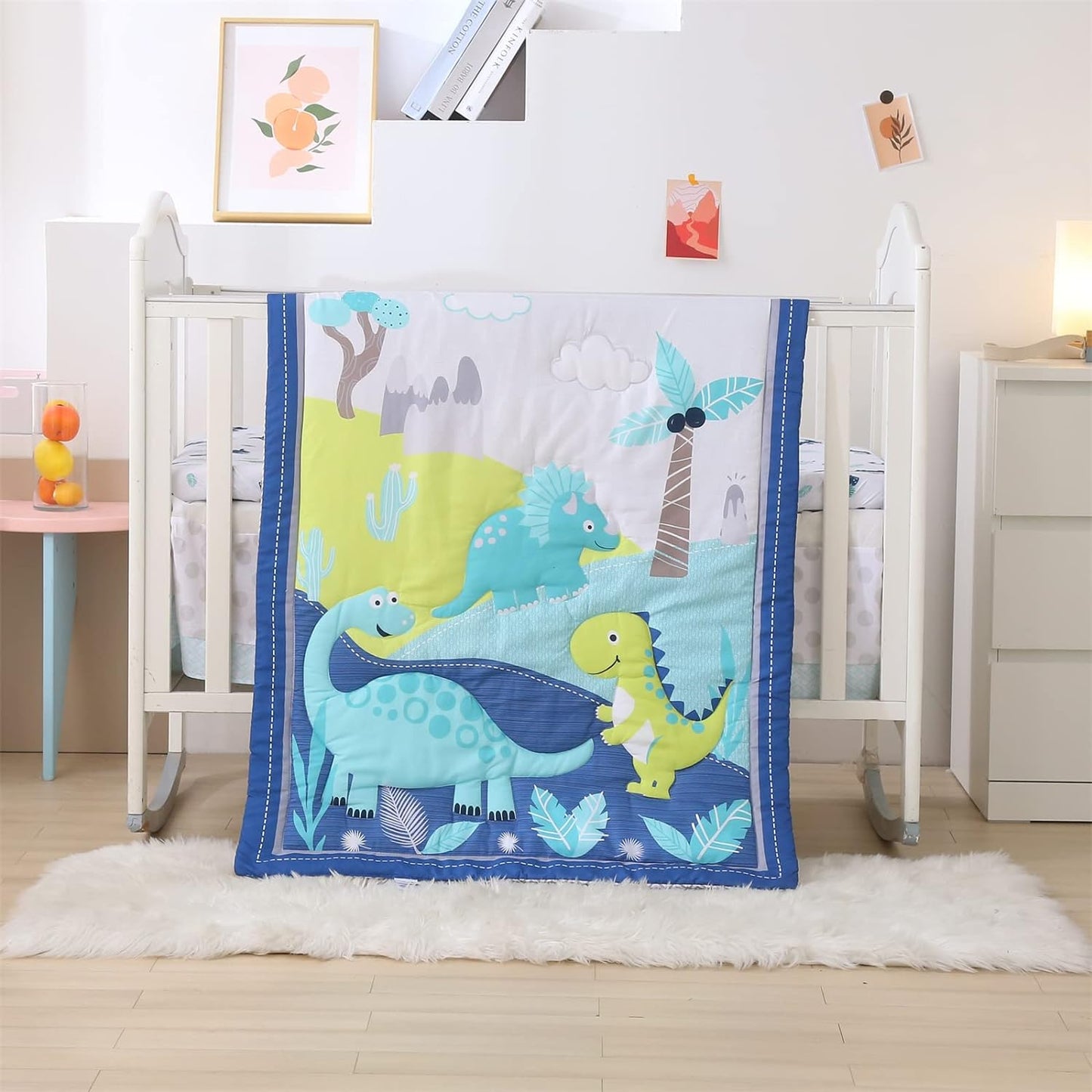 Wowelife Dinosaur Crib Bedding Set for Boys Blue, Premium 3-Piece Baby Bedding Set, Nursery Crib Set, Newborn, Infant & Toddler Nursery Bed Set, Blue Dinosaur