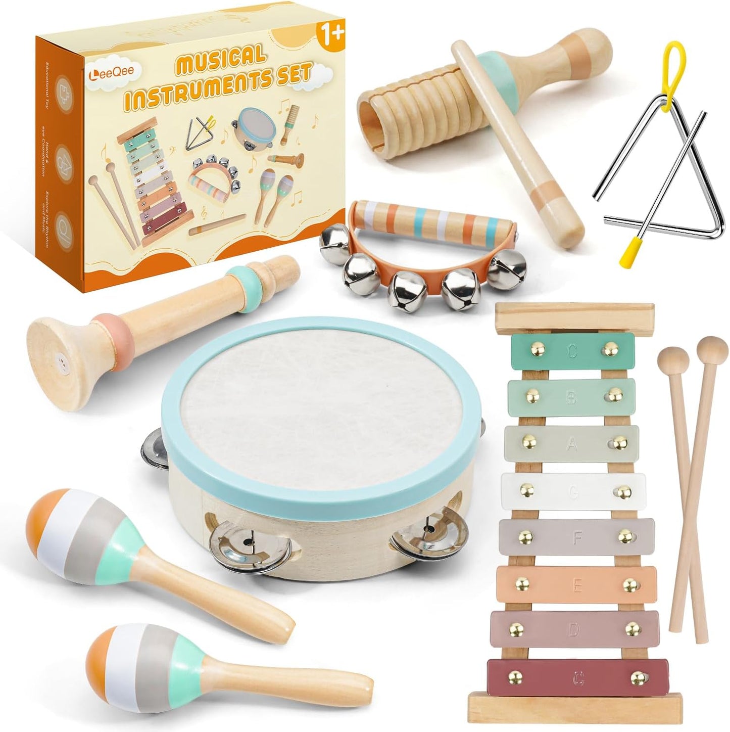 LeeQee Montessori Toys for 1 2 3 Year Old - Wooden Toys Baby Musical Instruments, Neutral Colors Percussion Instruments Set with Modern Boho Xylophone for Toddlers 3+ Music Education