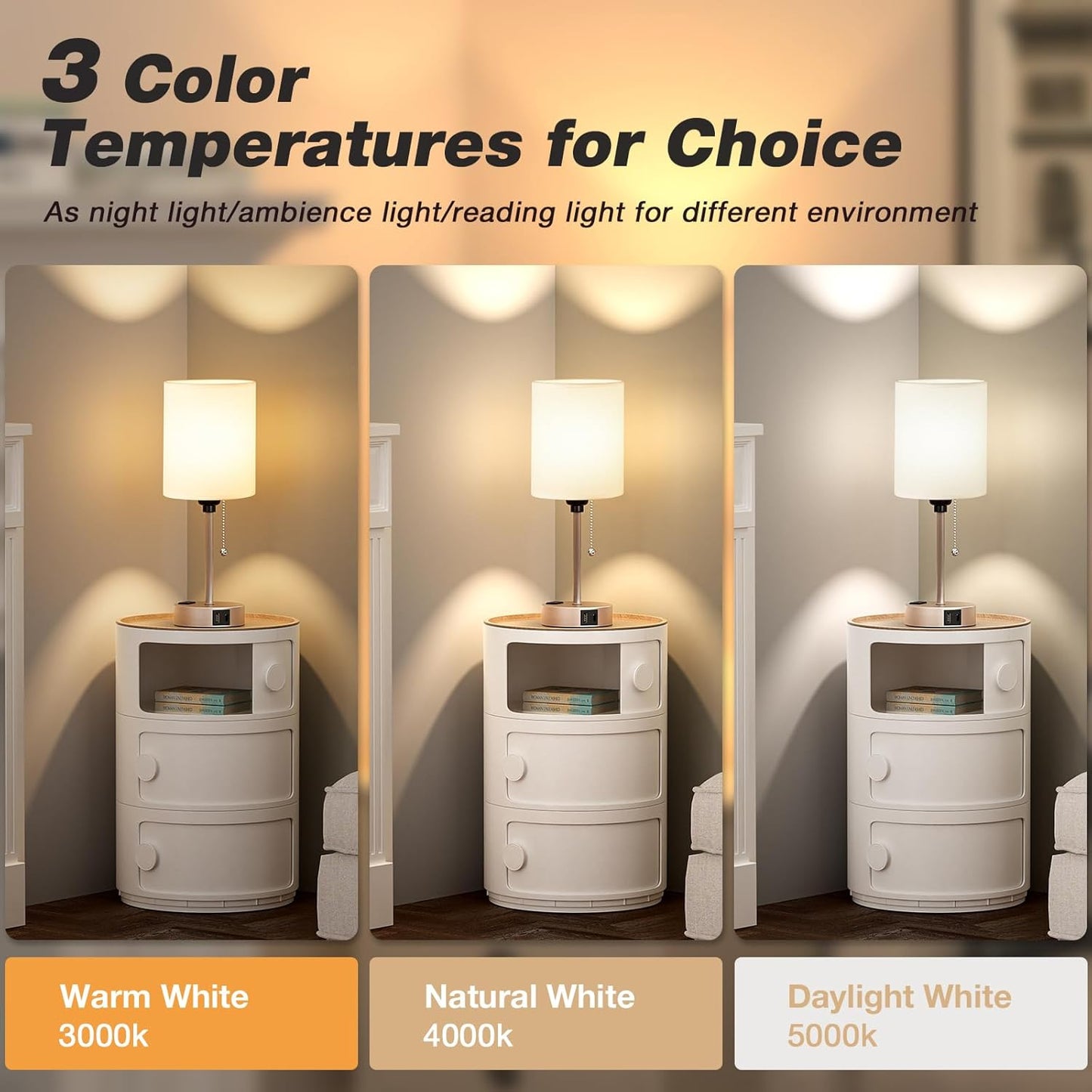 Small Bedside Table lamp for Bedroom - 3 Color Temperatures Bedside Lamps with USB C and A Ports, Pull Chain Table Lamps with AC Outlet, Gold Nightstand Lamps with White Shade for Kids Reading