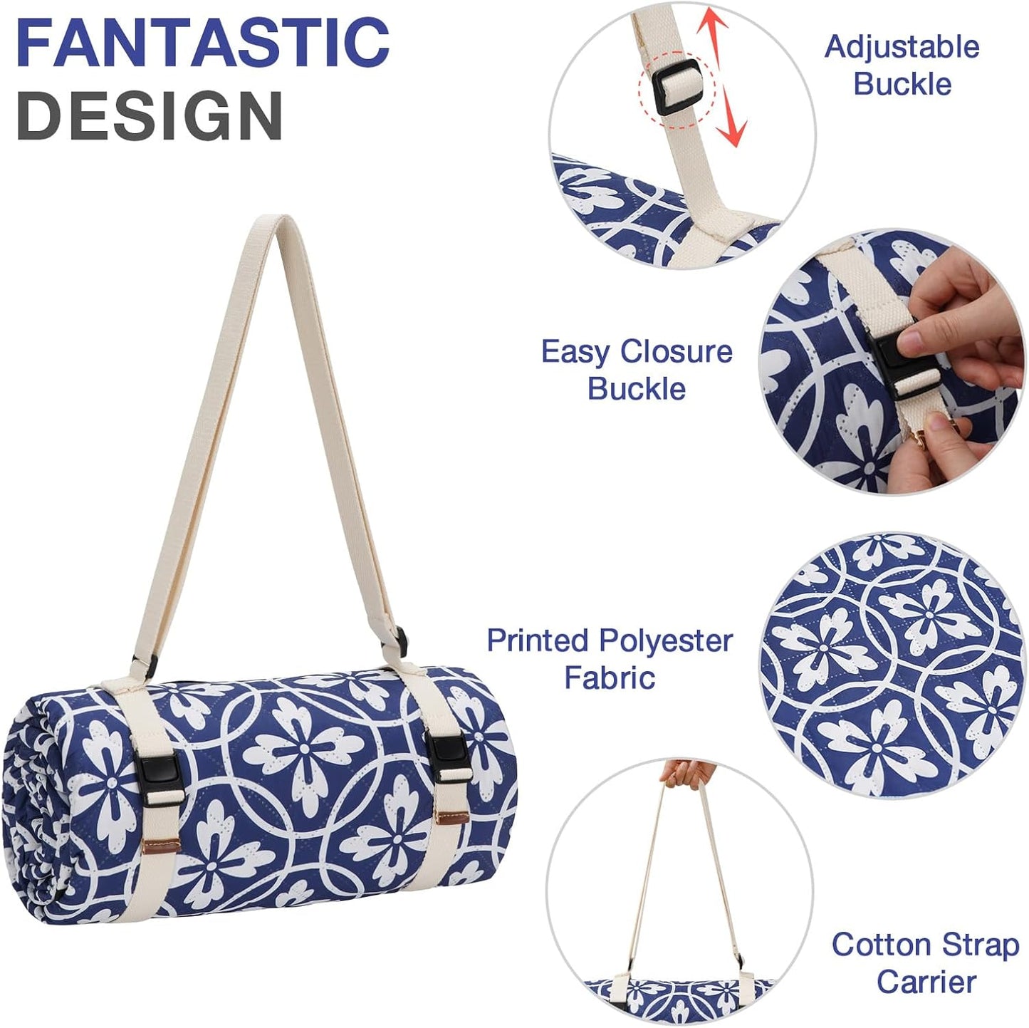 Picnic Blanket, 80''x80'' Waterproof Outdoor Blankets, Picnic Mat Washable for Beach, Picnic Blankets for Camping on Grass with Shoulder Strap - NavyBlue