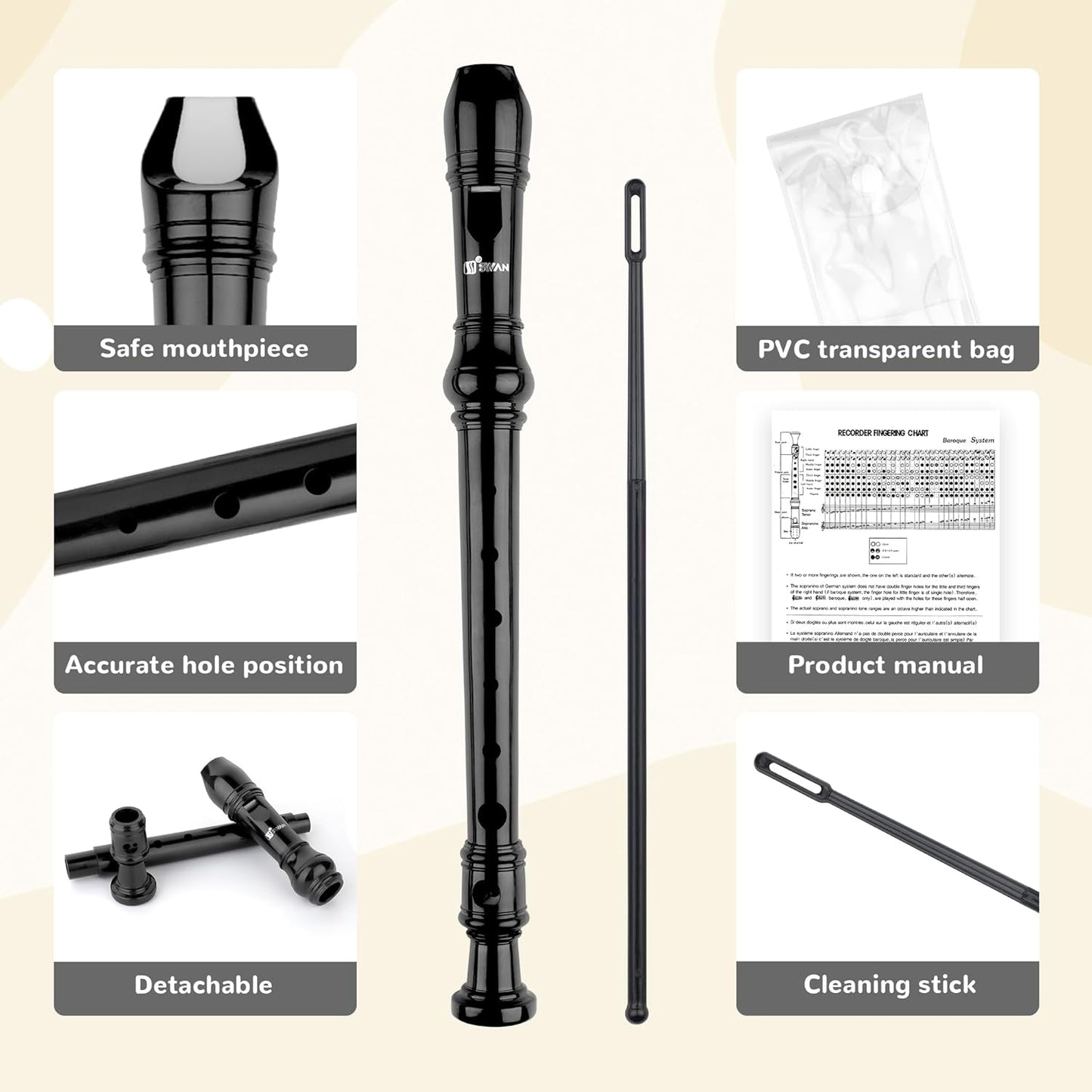 SWAN Soprano Recorder Instrument for Beginners Student - Baroque Style 8 Hole Flute Detachable 3pcs Descant Recorder with Cleaning Rod and Fingering Chart for Kids over 6 Years Old, Black