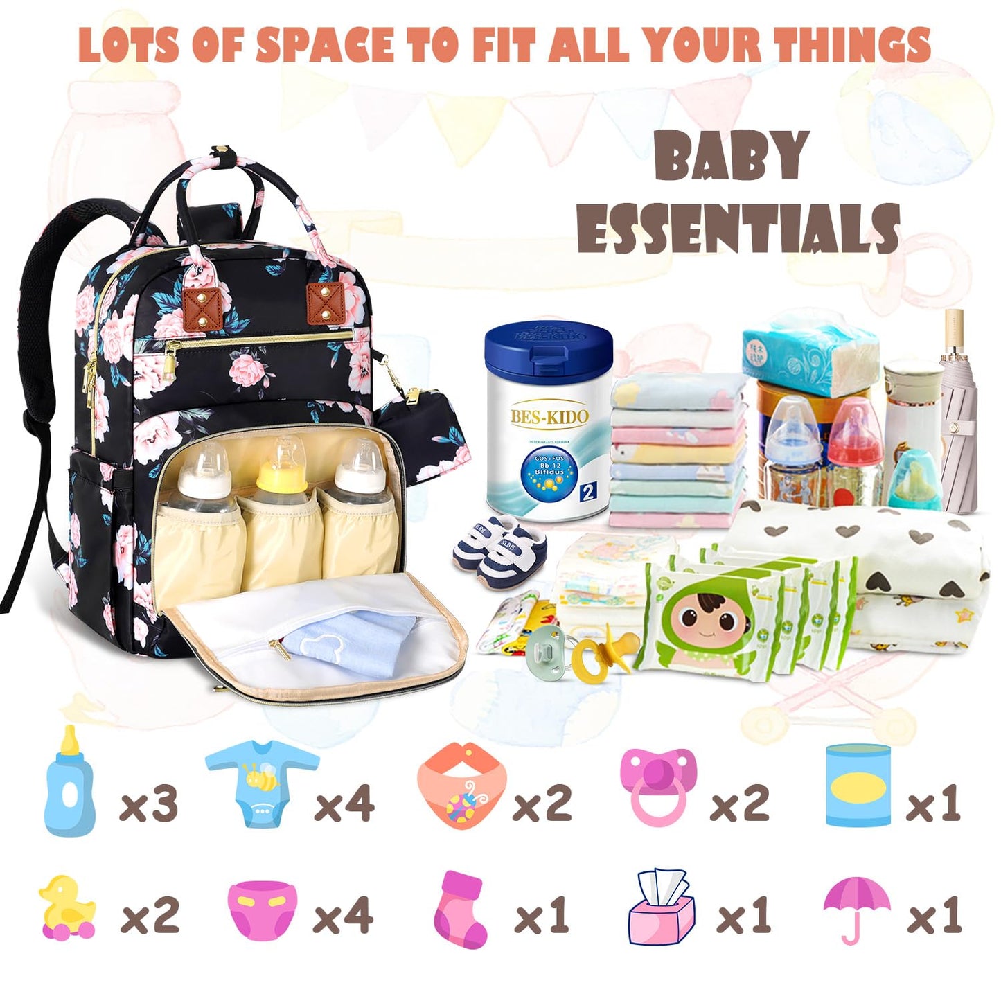 Baby Diaper Bag Backpack, Travel Diaper Bags for Girl Boy Large Capacity Baby Bag Backpack for Women Black Floral