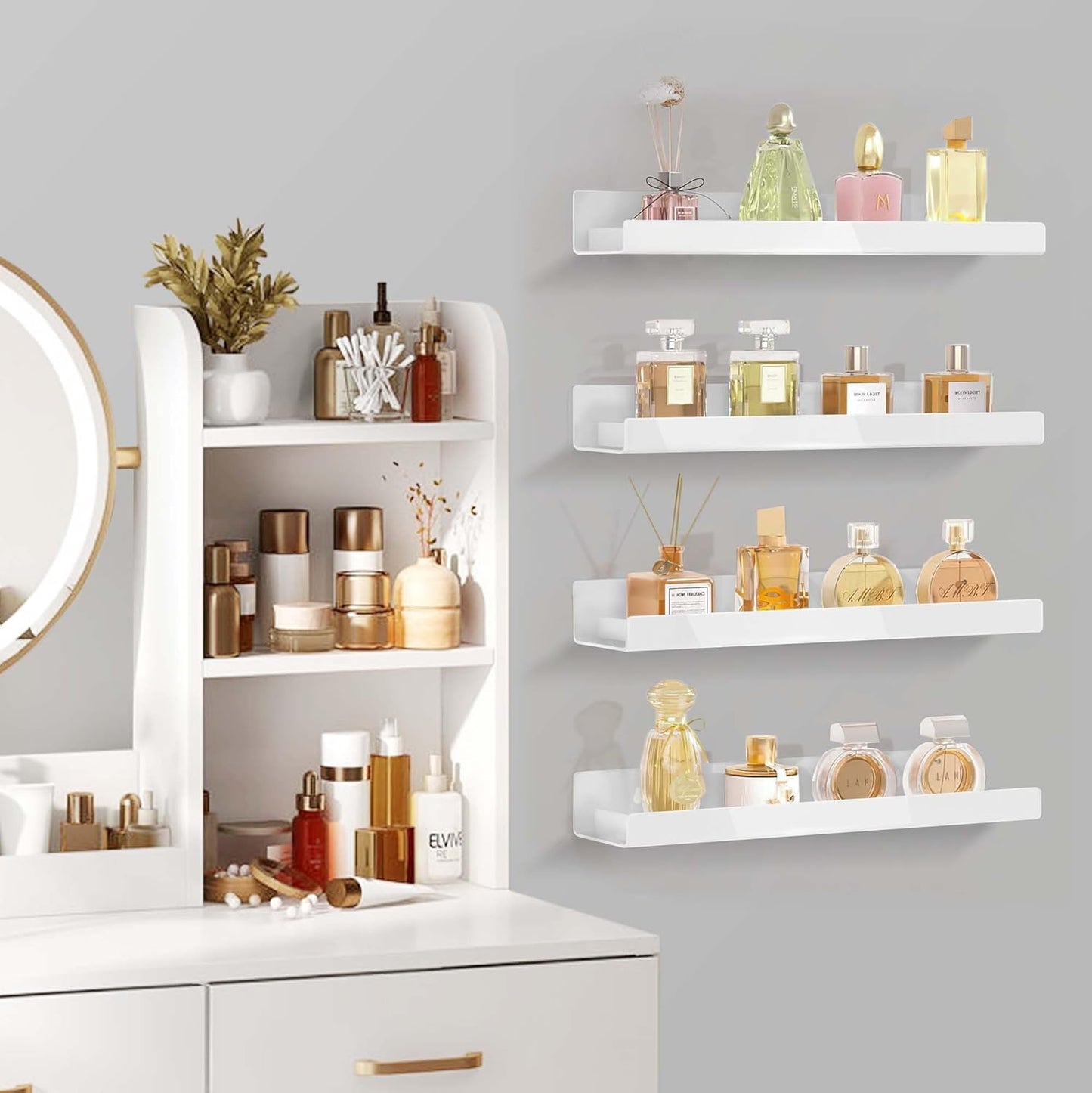 4 Pack 15 Inch Whtie Acrylic Shelves, Kids Floating Bookshelf for Kids Room, Modern Nail Polish Rack Sunglasses Essential Oil Picture Ledge Display Toy Storage Wall Shelf