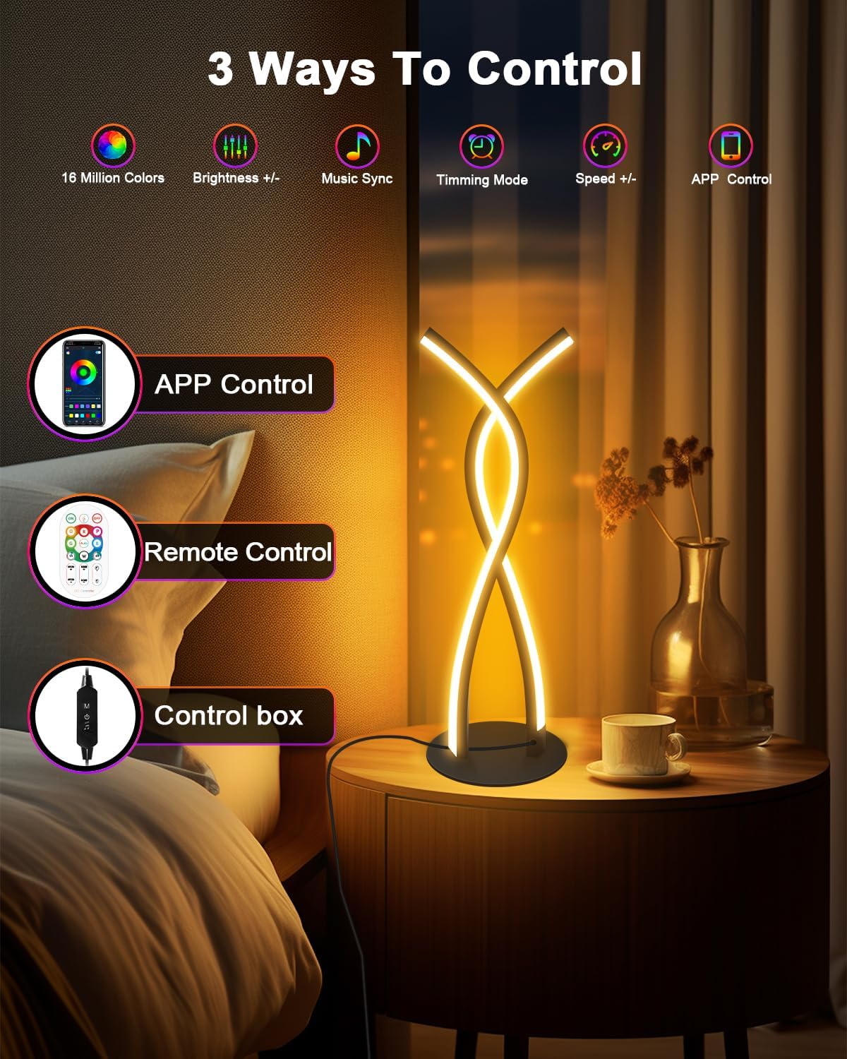 Daymeet LED Table Lamp, Modern Bedside Light Desk Nightstand Lamp RGBICW Color Changing Dimmable with Remote Music Sync Smart Bluetooth APP Control Night Light 5V USB Unique Desk Lamp for Bedroom Home