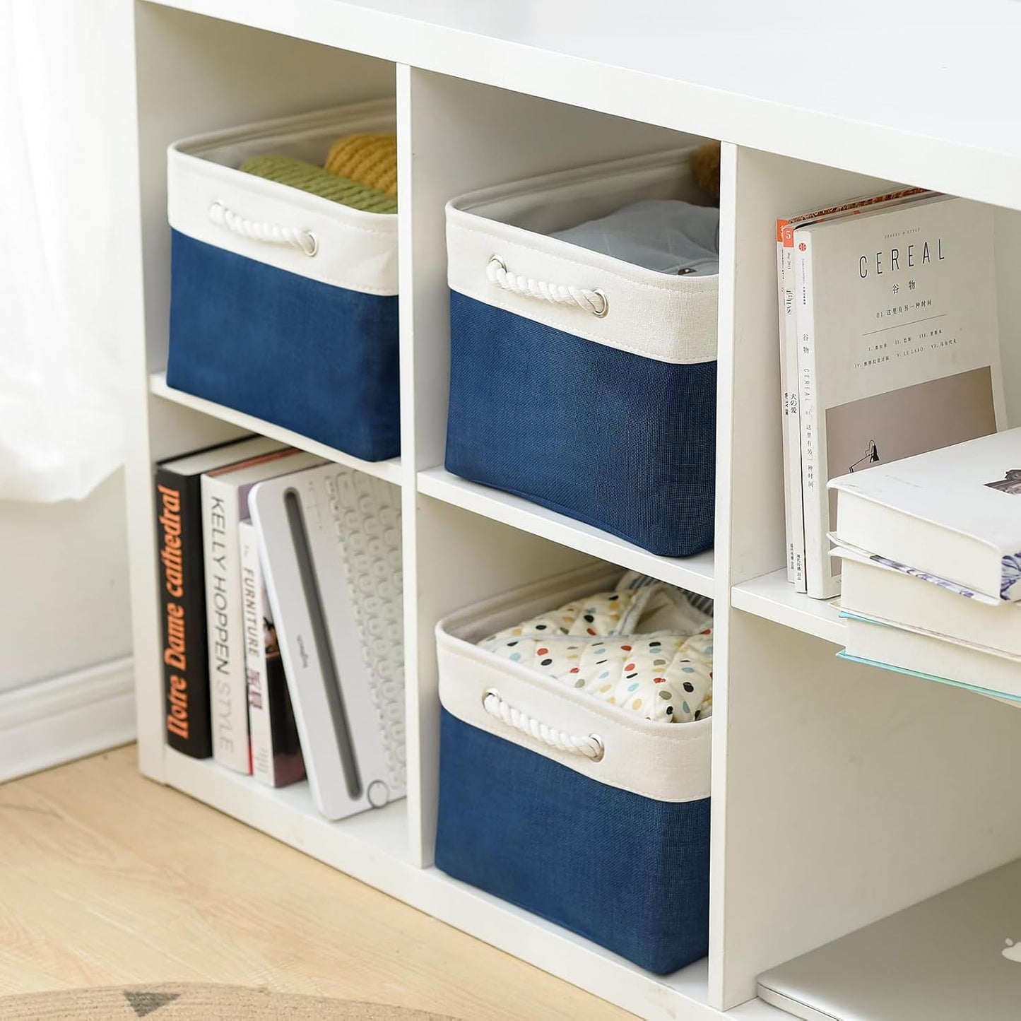 TcaFmac Organization and Storage Basket for Gifts Empty - 16x12x8 inch Large 4 Pack Collapsible Storage Box for Organizing, Fabric Storage Cubes for Cloth Toy Books Shelves(White & Jean Blue)