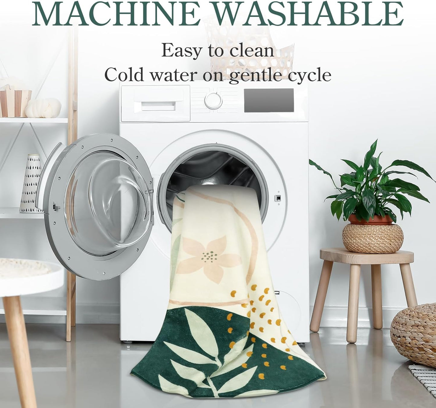 Lahome Green Machine Washable Large Rug - 8 x 10 Area Rugs for Living Room Non-Slip Lightweight Throw Boho Rugs, Soft Botanical Print Indoor Floor Carpet for Bedroom Office Dining Room Classroom