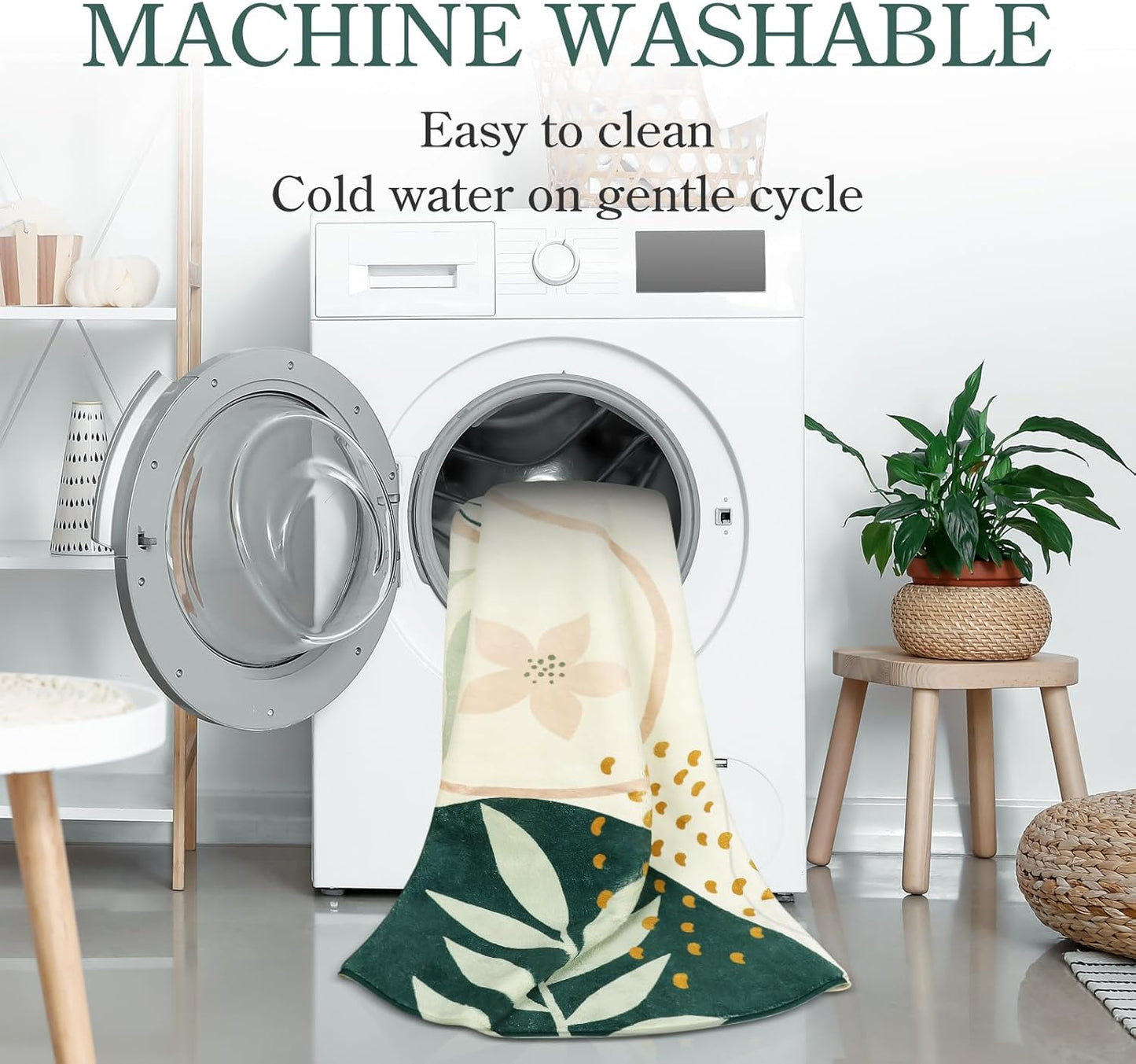 Lahome Green Botanical Print Washable Rugs - 5x7 Area Rugs for Living Room Boho Throw Large Bedroom Kitchen Rug Non-Slip Low-Plie Entryway Rug Floor Mat Carpet for Dining Laundry Room Office Rug