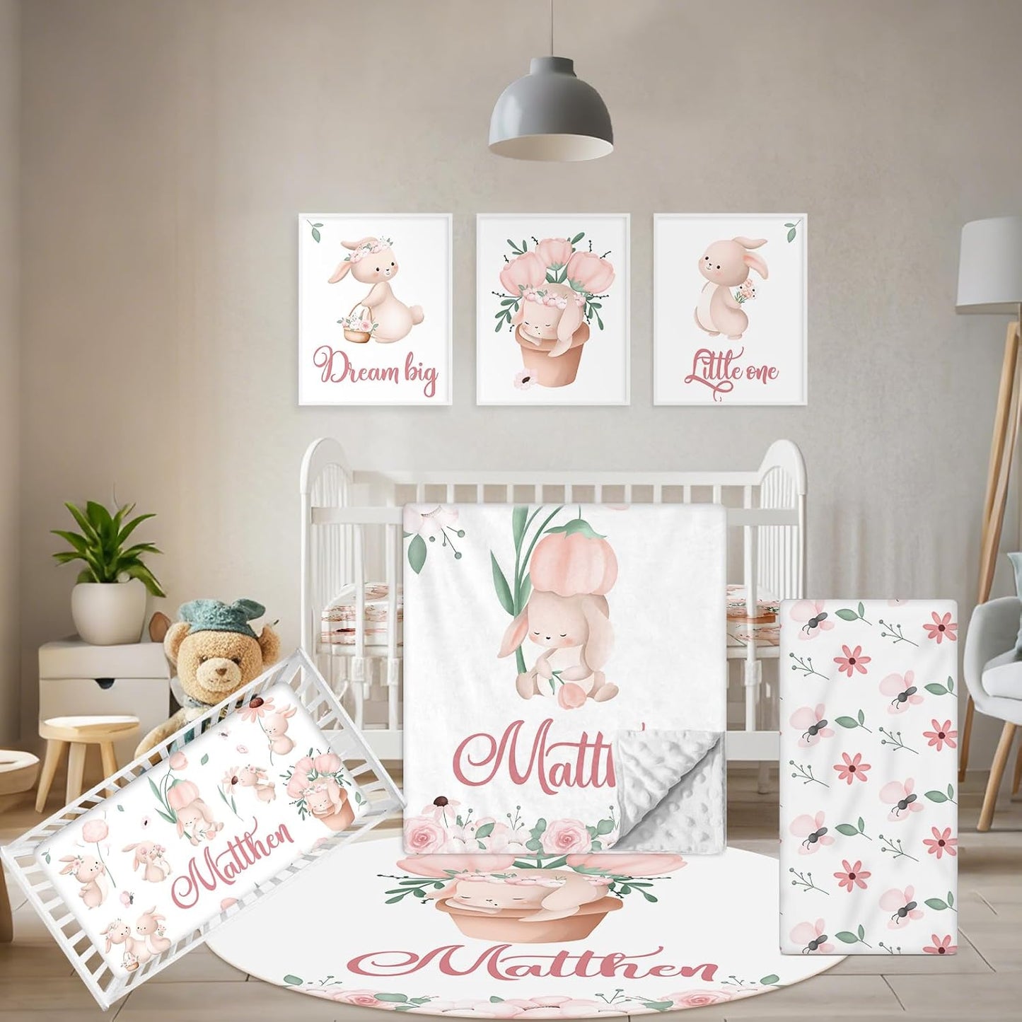 Custom Baby Crib Bedding Set - 5 Pcs Personalized Name Baby Crib Set with Double Layer Blanket - Soft Tulip Bunny Nursery Bedding Set for Girls Boys - Customized Gifts for Infants Toddlers