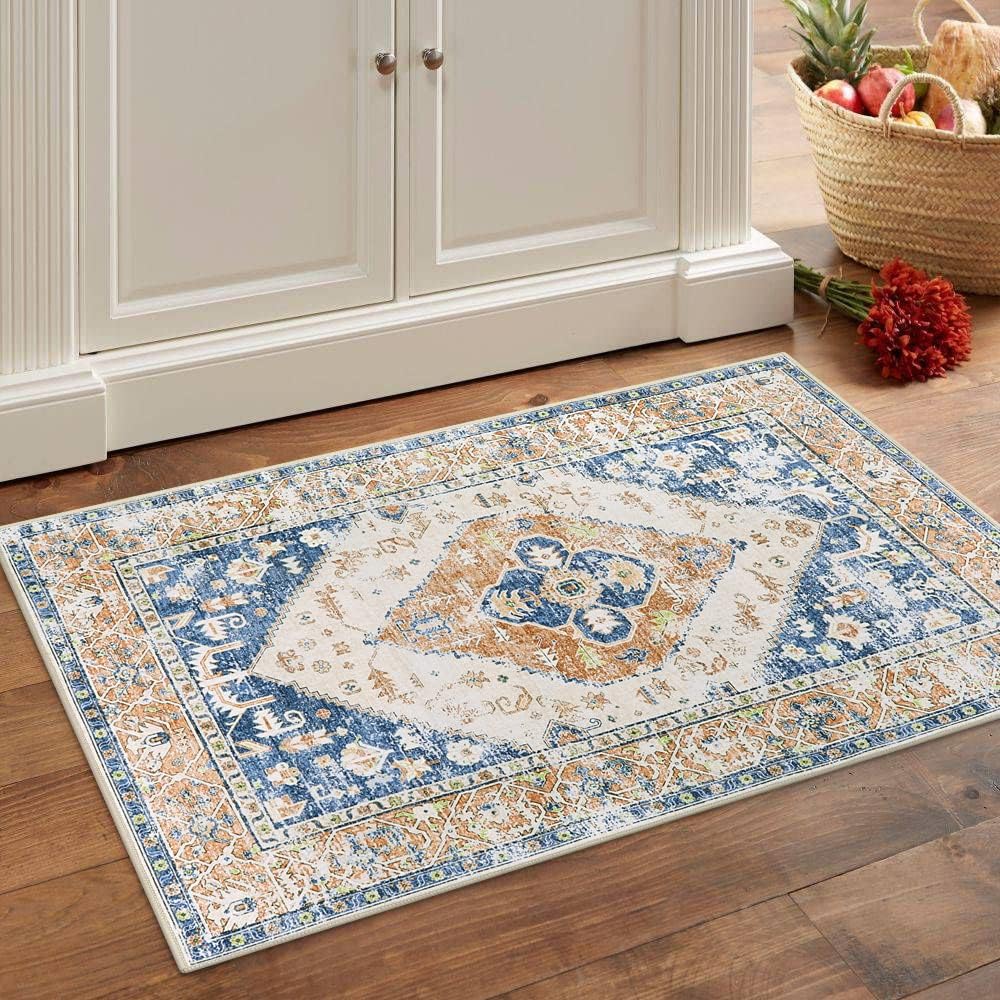 Lahome Boho Small Entryway Rug - 2x3 Non-Slip Washable Rugs for Kitchen Oriental Throw Ultra-Thin Area Rugs for Bedroom Accent Distressed Blue Floor Doormat Carpet for Bathroom Laundry Living Room