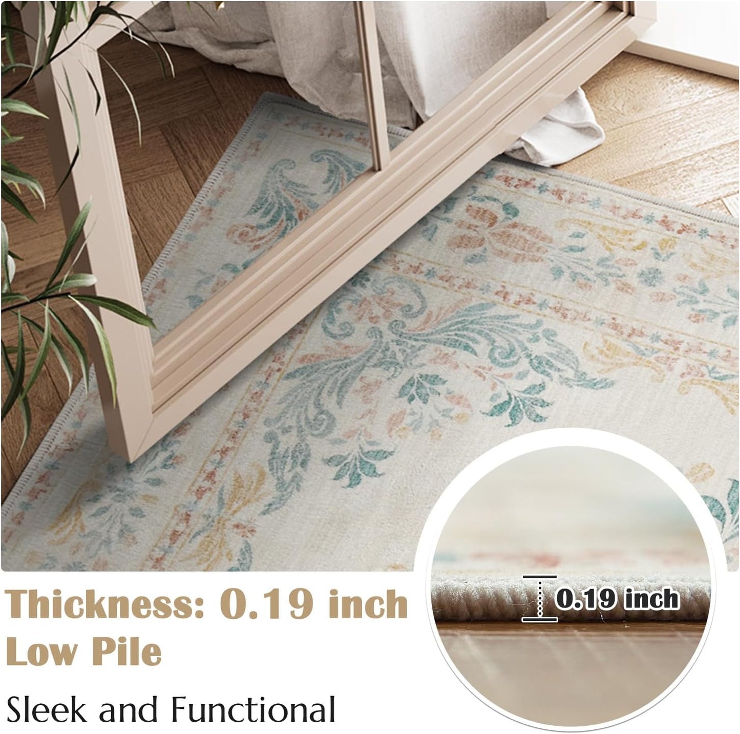 jinchan Hallway Runner Rug 2x8 Vintage Floral Distressed Design - Machine Washable Non-Slip Low-Pile Soft Thin Faux Wool Kitchen Carpet for Farmhouse Bedroom Laundry Room(2x8ft,Apricot Multi)