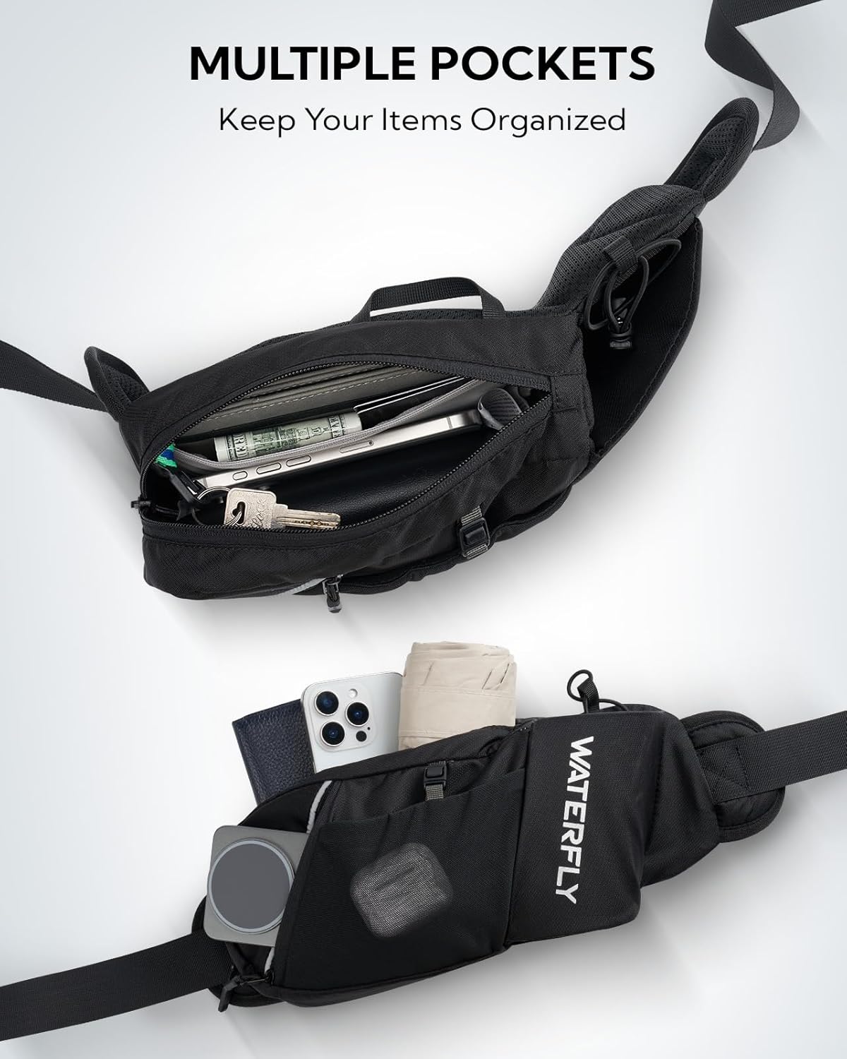 WATERFLY Fanny Pack Waist Bag: Hiking Water Bottle Holder with Strap Waist Pack for Women Men Hydration Hip Packs for Running Walking Traveling-Black