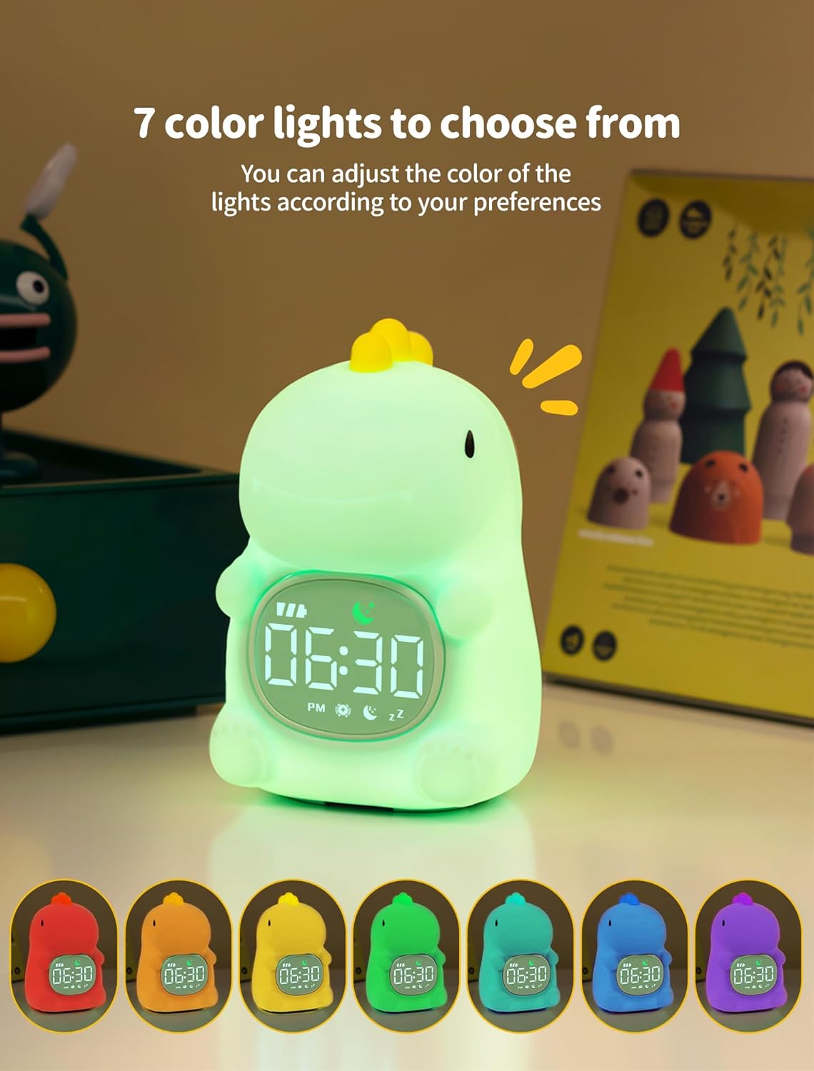 MASHI Kids Alarm Clock, Toddler Sleep Training Clock with Sun & Moon, Sleep Sound Machine, Night Lights, Ok to Wake Dinosaur Clock, Gift Ideas for Kids Child