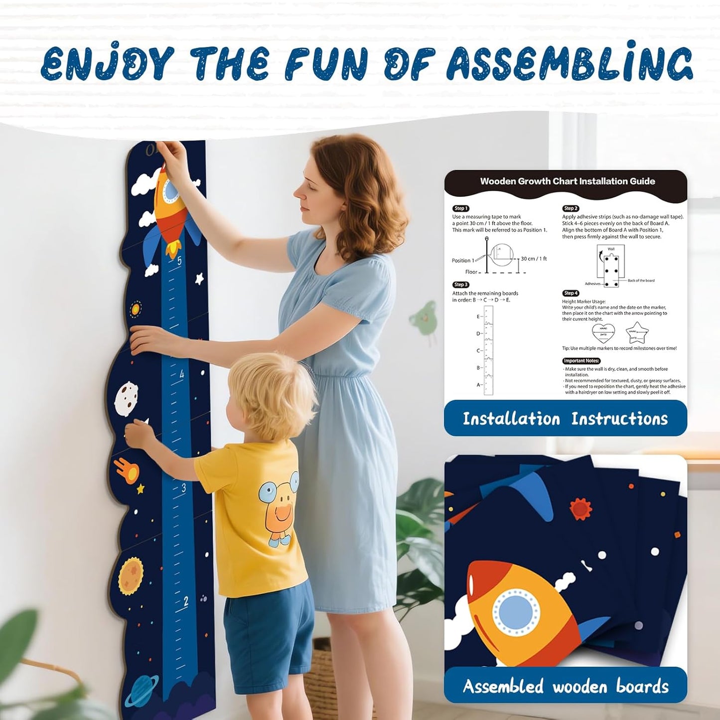 Personalized Name Rocket Wood Growth Chart for Kids – Wall Height Measurement Ruler, Toddler Playroom Decor 63" x 15.3"