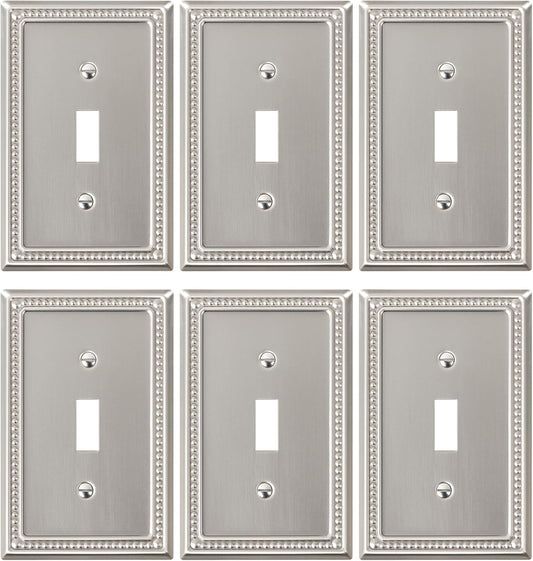 6-Pack Single Toggle Light Switch Cover Plate, Pearls Decorative Switch Plate Covers, Brushed Nickel 1 Gang Metal Wall Plate