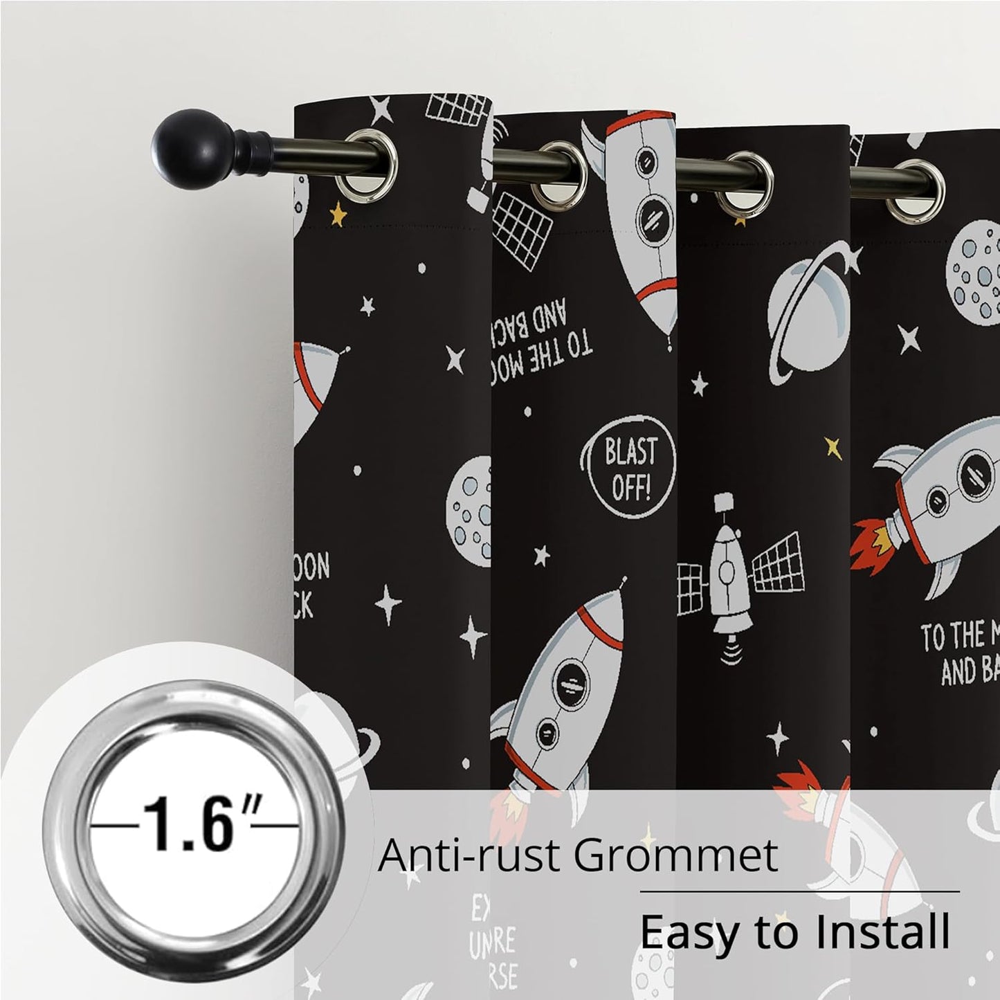 Kids Space Rocket Blackout Curtains - 100% Blackout, Thermal Insulated, Noise Reducing, Perfect for Kids Room and Nursery, 2 Panels (Blast-Off Moon Mission, W52×L63)