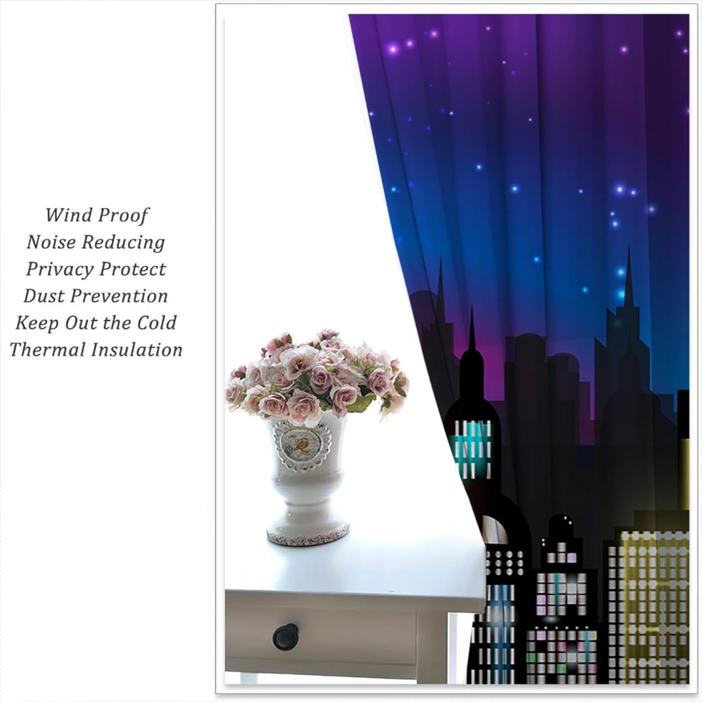 Superhero Rod Pocket Blackout Curtains for Boy Girl Bedroom, Super City Skyline Buildings Night Panorama Home Energy Efficient Light Filtering Window Curtain for Living Room, 63x63 inch