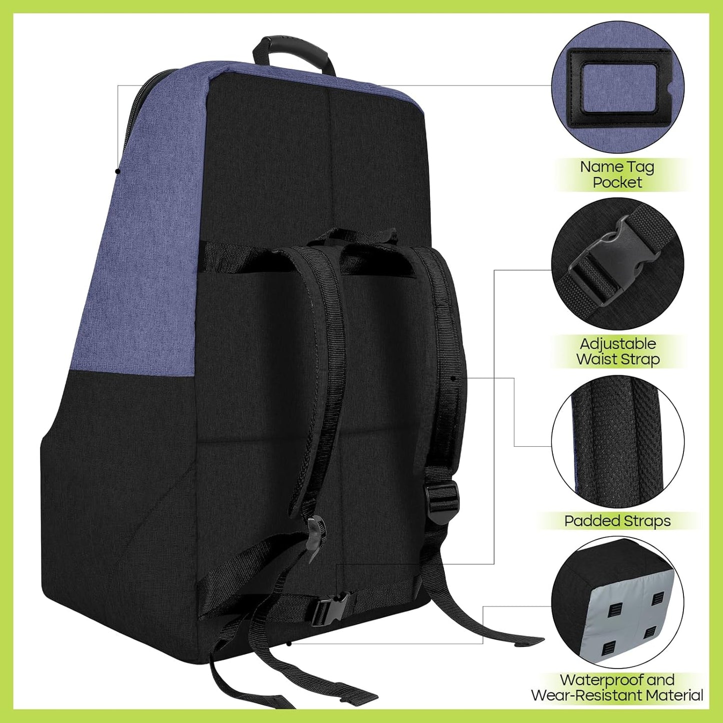 Padded Car Seat Travel Bag for Airplane, Heavy Duty Backpack for Air Travel, Water-Resistant Carrier with Shoulder Strap, Fits Most Car Seats (Blue+Black)