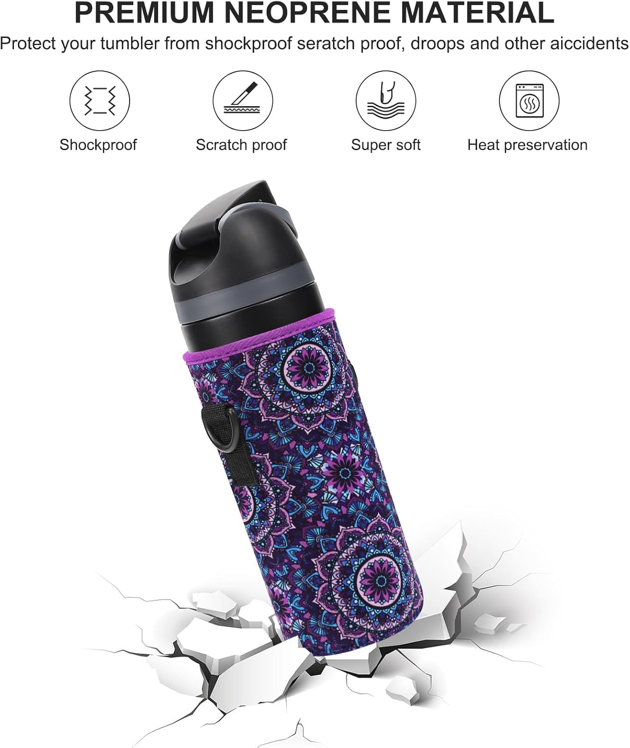 Neoprene Water Bottle Carrier Bag with Adjustable Shoulder Strap for Owala 24 OZ Tumbler, Insulated Water Bottle Cover for Owala FreeSip Insulated Water Bottle (Mandala, 24 OZ)