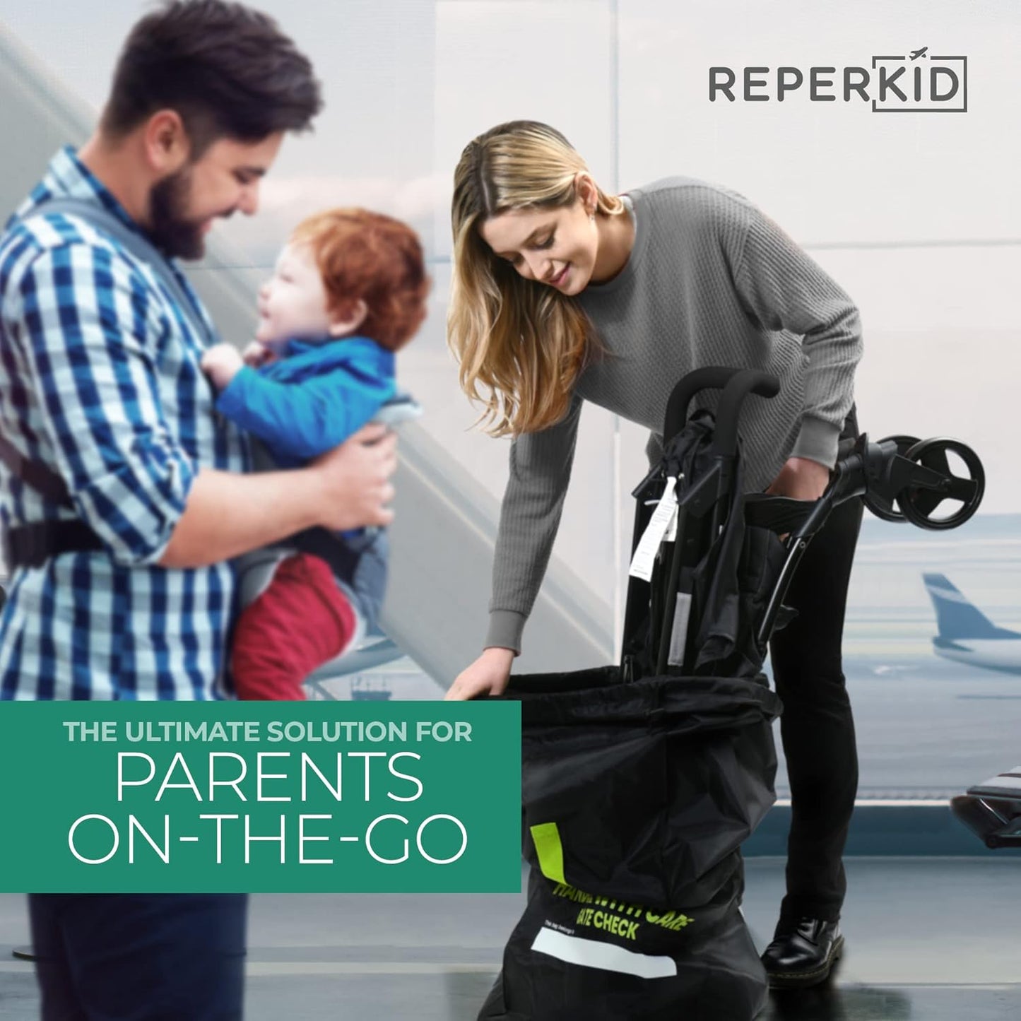 reperkid Umbrella Stroller Bag for Airplane Travel, Black and Green, 47" H x 15" W x 12" D, Fits Most Single and Double Umbrella Strollers – Premium Waterproof Cover, Adjustable Shoulder Strap