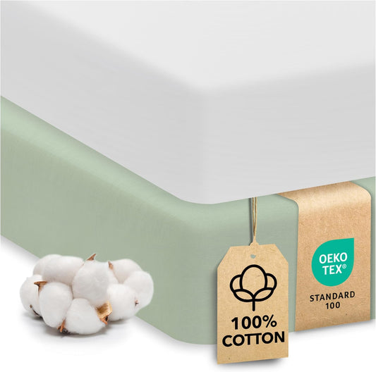 Sweety Fox 2-Pack Cotton Jersey Crib Sheets – Soft Fitted Sheets for Boys and Girls, Mini Crib Sheets, Toddler Bed Sheets (White/Sage)