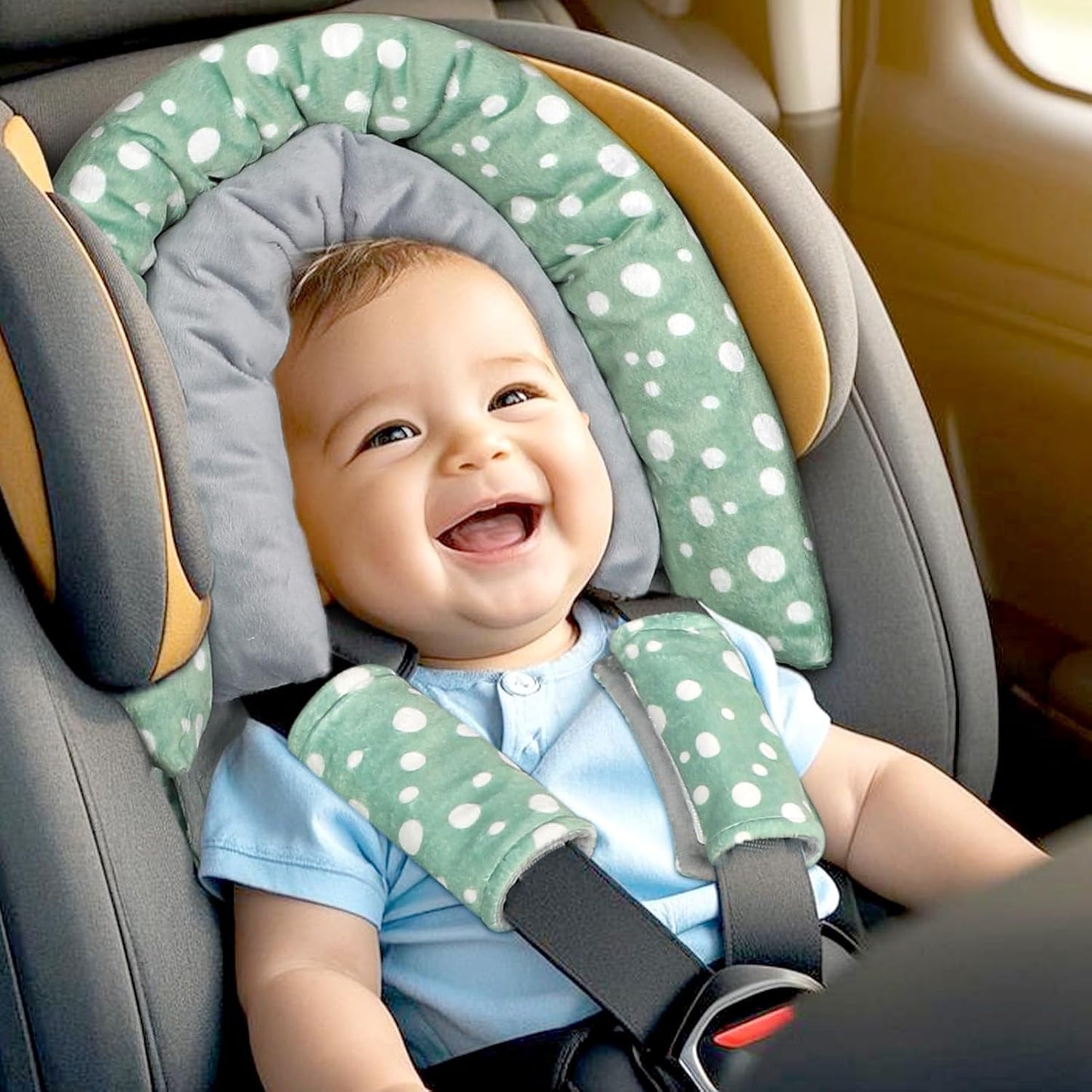 Baby Car Seat Head Support for Newborn, GFU 2 in 1 Infant Car Seat Head Body Support with Strap Pads, Soft Stroller Cushion Pillow Insert for Girls and Boys, Fits for Stroller, Swing, Green