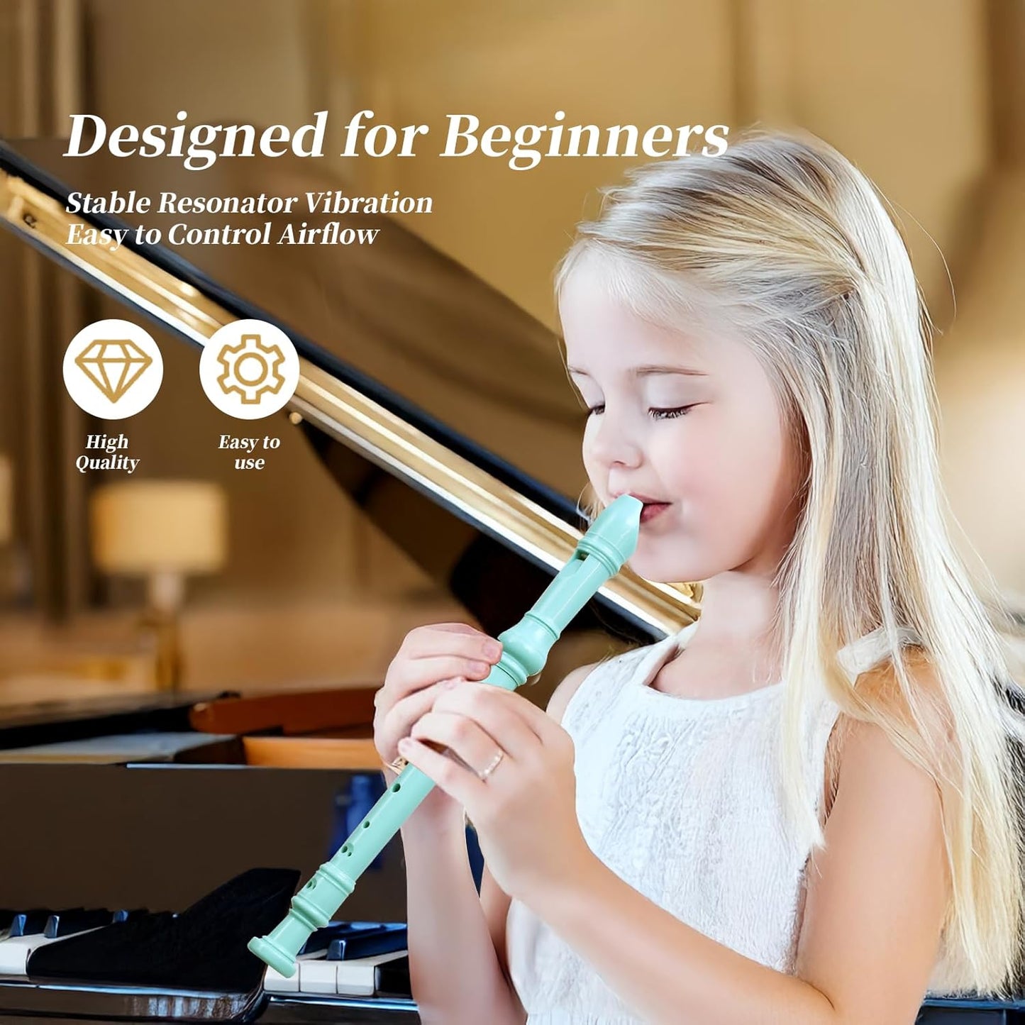Soprano Recorder for Kids Beginners, German Fingering, C Key, 3 Piece with Cleaning Rod, Bag, Fingering Chart (Lake Green)…