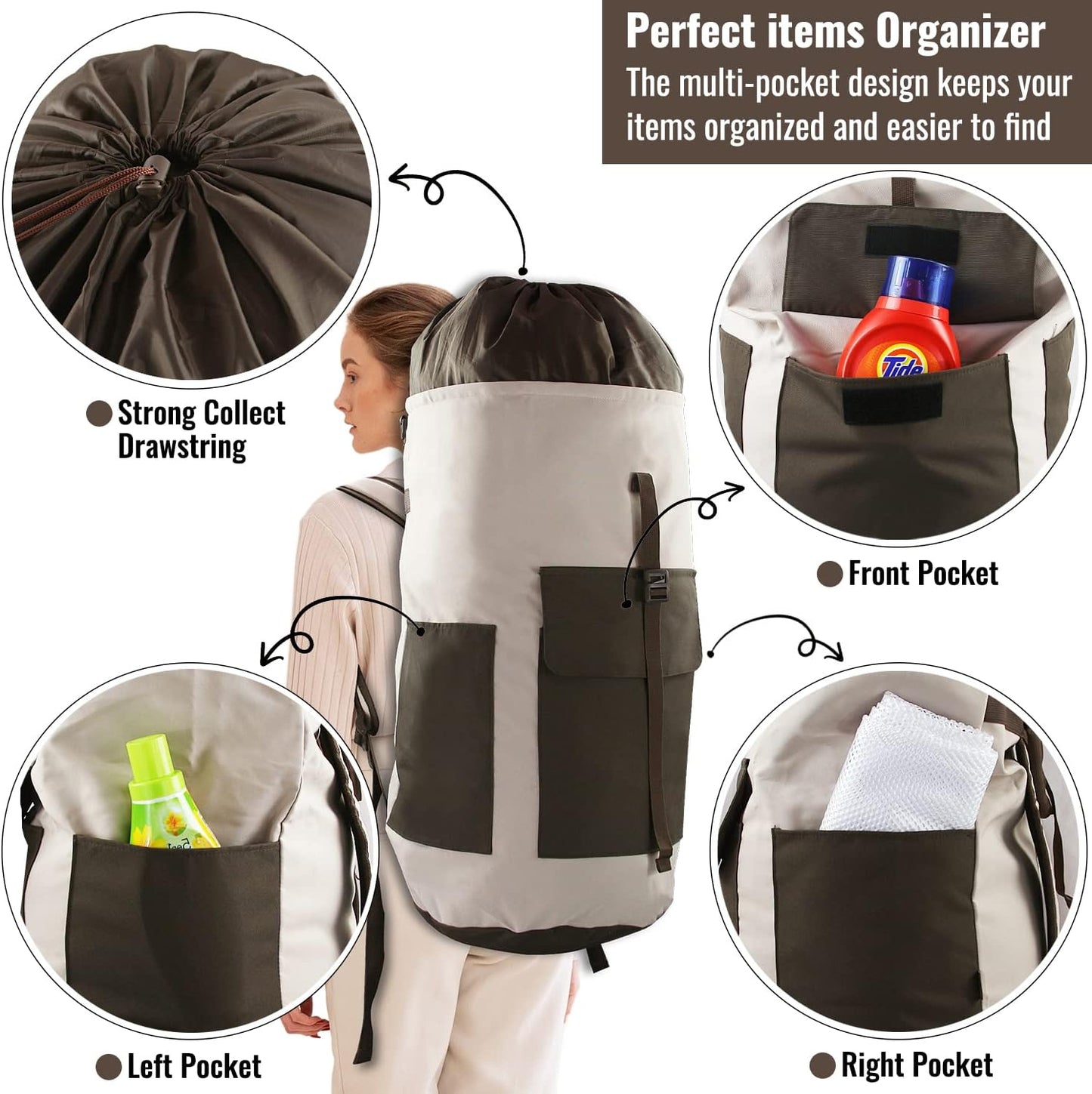 Laundry Bag Backpack, 125L Extra Large Travel Laundry Bags with Shoulder Straps, Adjustable & Extendable Design, Laundry Hamper Bag with 3 Pockets for Laundromat, College, Travel, Camping