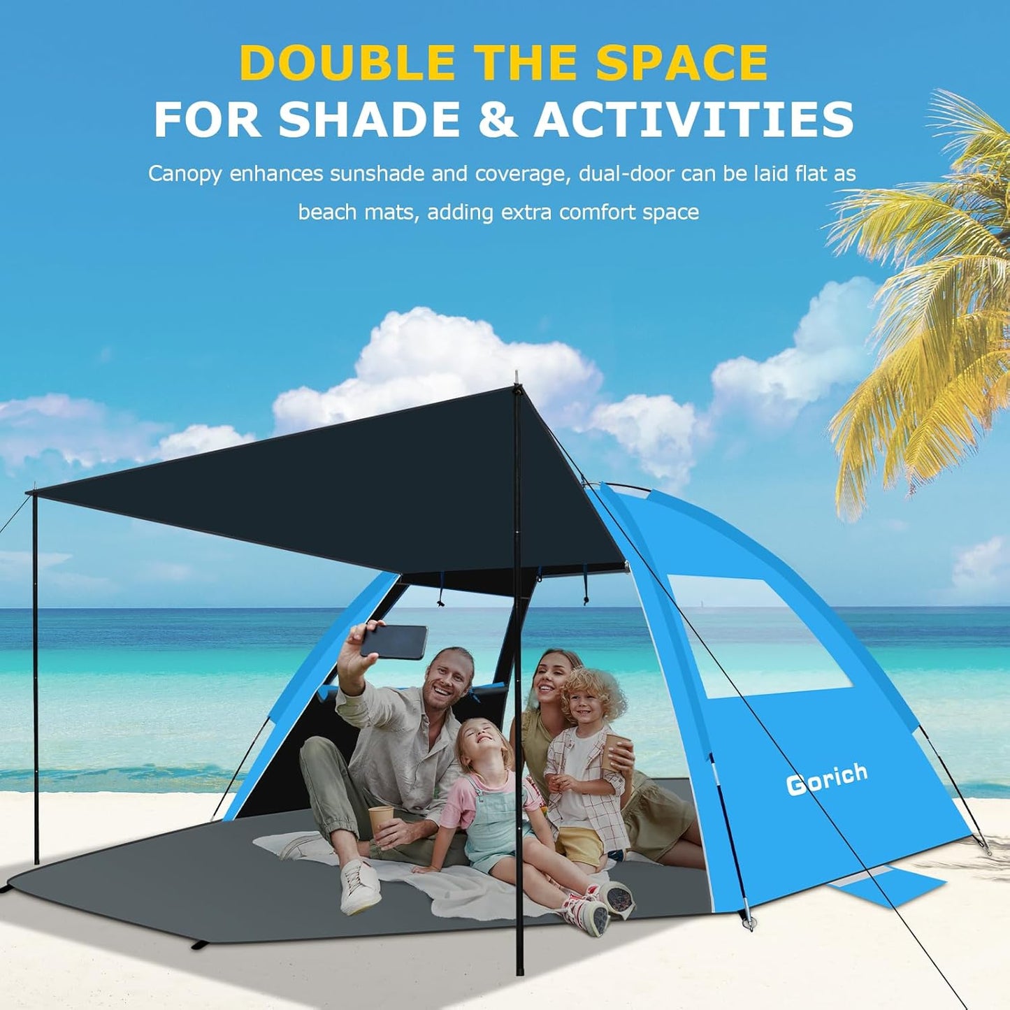 Gorich Beach Tent with Canopy - Easy Setup 3-4/5-6/7-8 Person Portable Sun Shelter, UPF 50+ UV Protection Sun Shade, Lightweight & Compact Beach Cabana for Family Travel