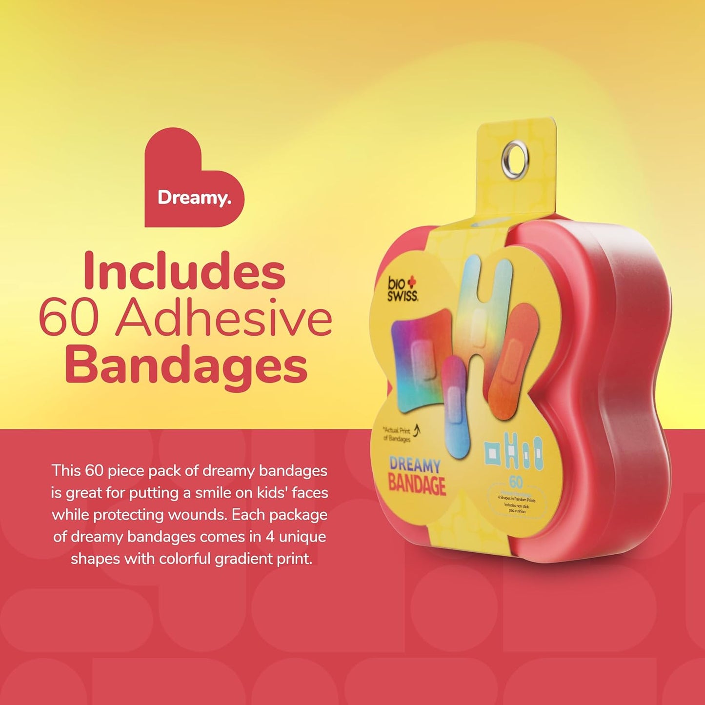 BioSwiss Bandages, Assorted Size Gradient Print Self Adhesive Bandage, Latex Free Sterile Wound Care, First Aid Kit Supplies for Kids and Adults, 60 Count