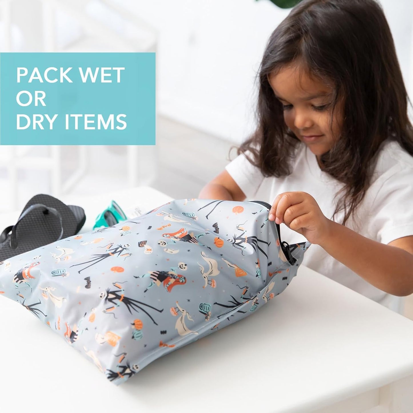 Bumkins - Disney - Waterproof Wet Bag - For Baby, Travel, Swim Suit, Cloth Diapers, Pump Parts, Pool, Gym, Toiletry, Strap to Stroller - Reusable & Easy to Clean - 2pk - Nightmare Before Christmas