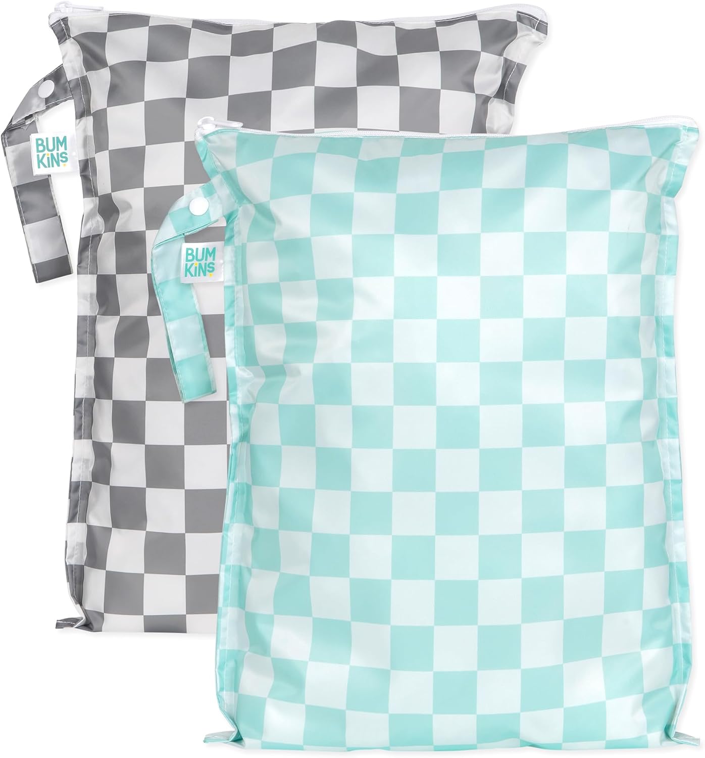 Bumkins - Waterproof Wet Bag - For Baby, Travel, Swim Suit, Cloth Diapers, Pump Parts, Pool, Gym, Toiletry, Strap to Stroller - Reusable & Easy to Clean - 2pk - Gray & Mint Check