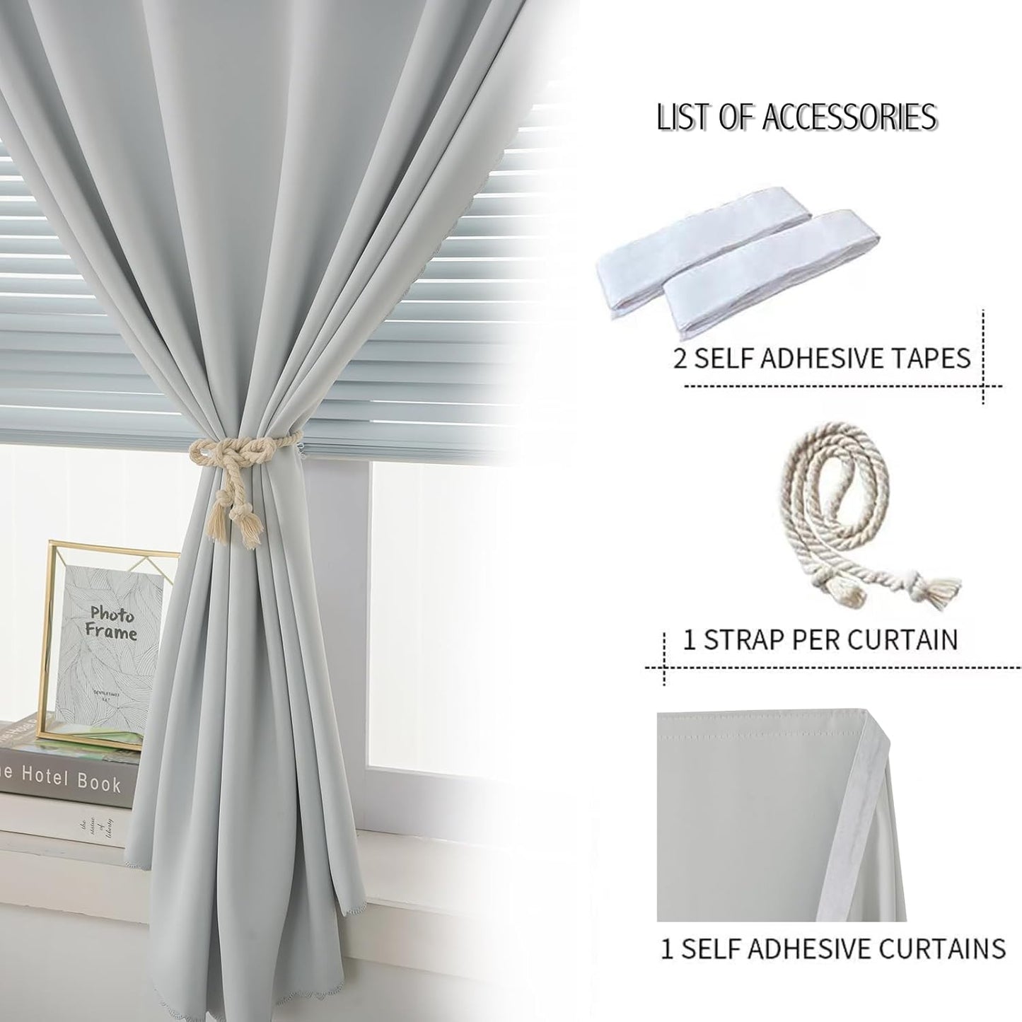 self Adhesive Curtains Portable Blackout Curtain Simple and Easy to Install Bedroom Window Thermal Lnsulated Kitchen Room Darkening Black Small Drapes, 35" W X 59" L, White, 1 Panel