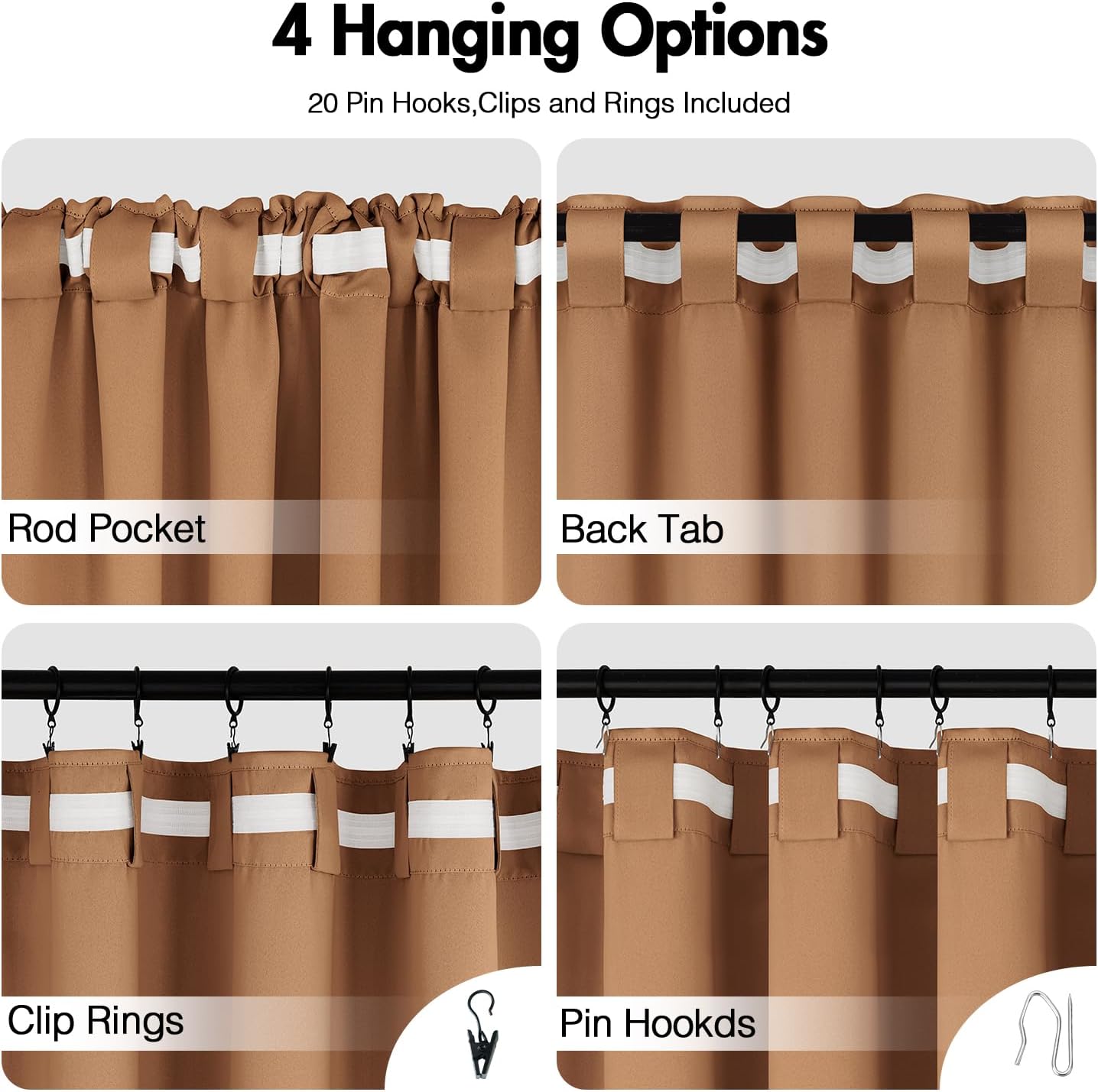 ANRODUO Back Tab Blackout Curtains for Bedroom Living Room, Rod Pocket Pinch Pleated Thermal Insulated Room Darkening Curtains 63 Inches Long 2 Panels, Brown, 42 x 63 Inch