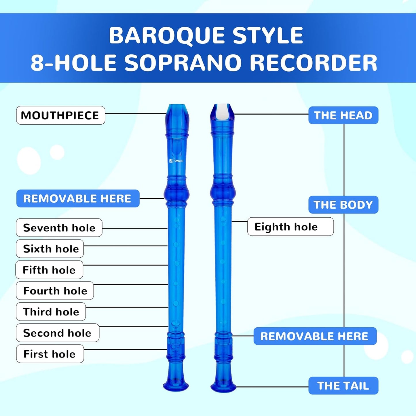 SWAN Soprano Recorder Instrument for Beginners Kids Student - Baroque Style 8 Hole Flute Detachable 3pcs ABS Descant Recorders with Cleaning Rod and Fingering Chart, SW8KT, Transparent Blue
