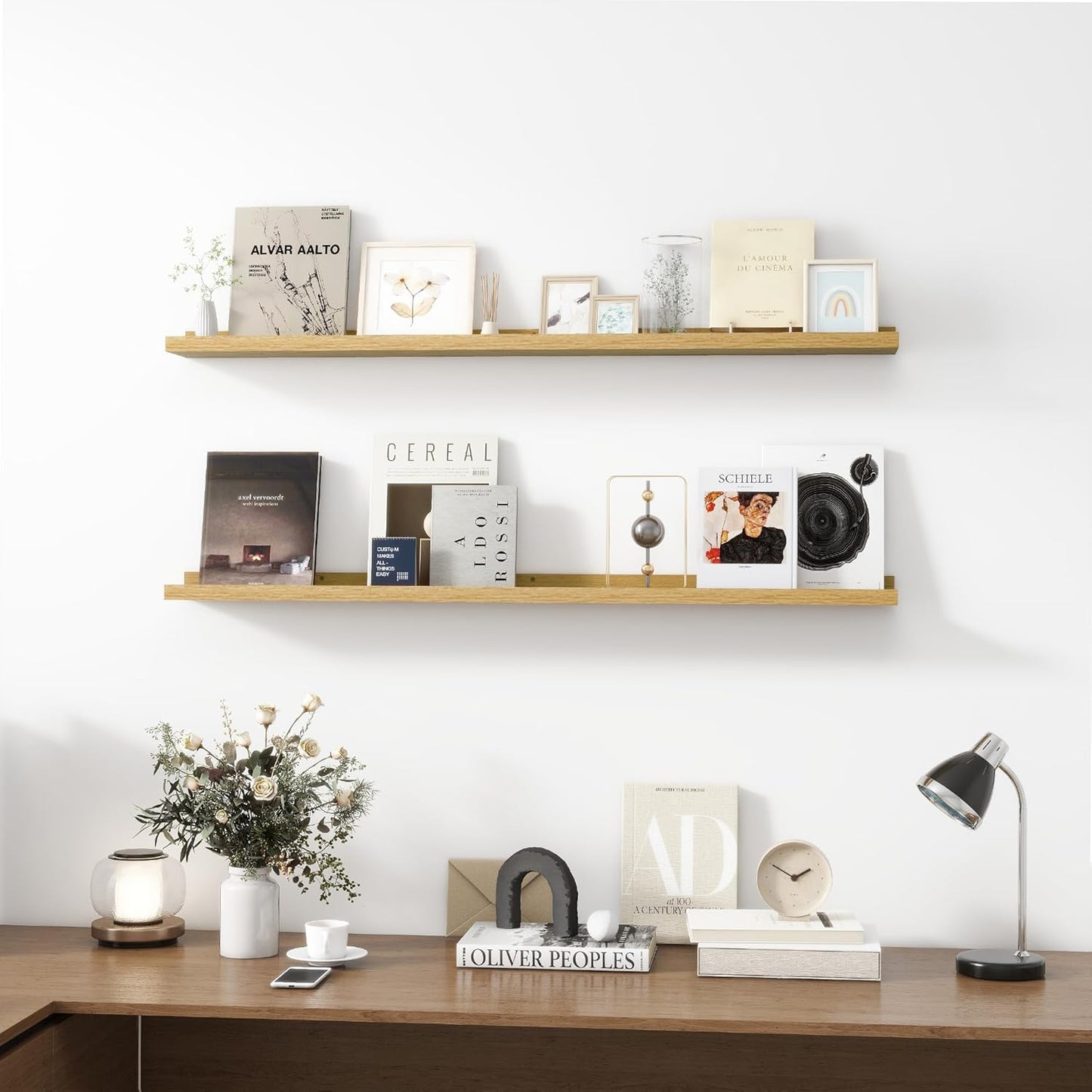 Picture Ledge Shelf, Wood Long Floating Shelves for Wall, Set of 2, 48 inch Picture Ledge Shelves, Photo Ledge Nursery Book Shelves Wall Mounted for Living Room Kids' Room Bedroom, Color Oak