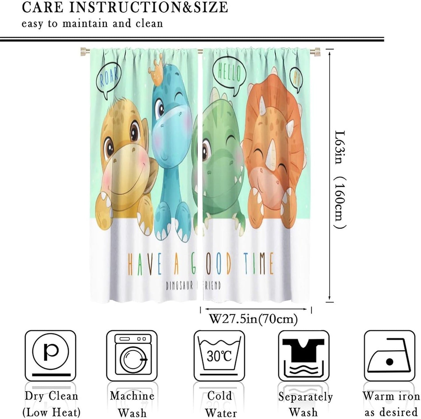 Kids Dinosaur Curtains for Boys Girls Bedroom Decor Cartoon Dino Colorful Cute Funny Animal Printed Blackout Rod Pocket Window Drapes for Baby Nursery Playroom Living Room W27.5xL63in 2 Panels