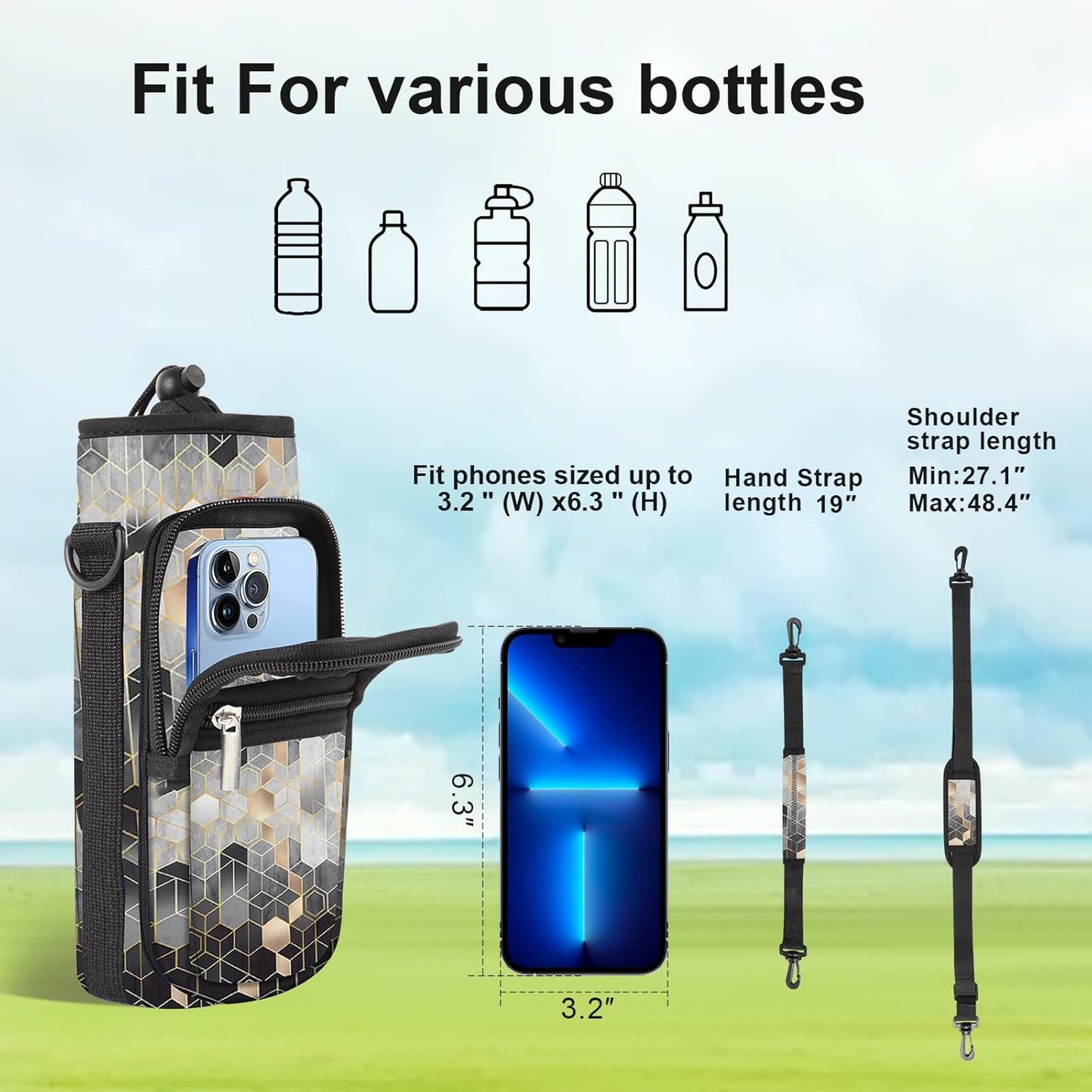 25/32/40/64oz Water Bottle Bag Holder Carrier-Insulated Crossbody Sling Case Sleeve with Strap & Pockets for Men Women Gym Cycling Travel Walking Hiking Camping