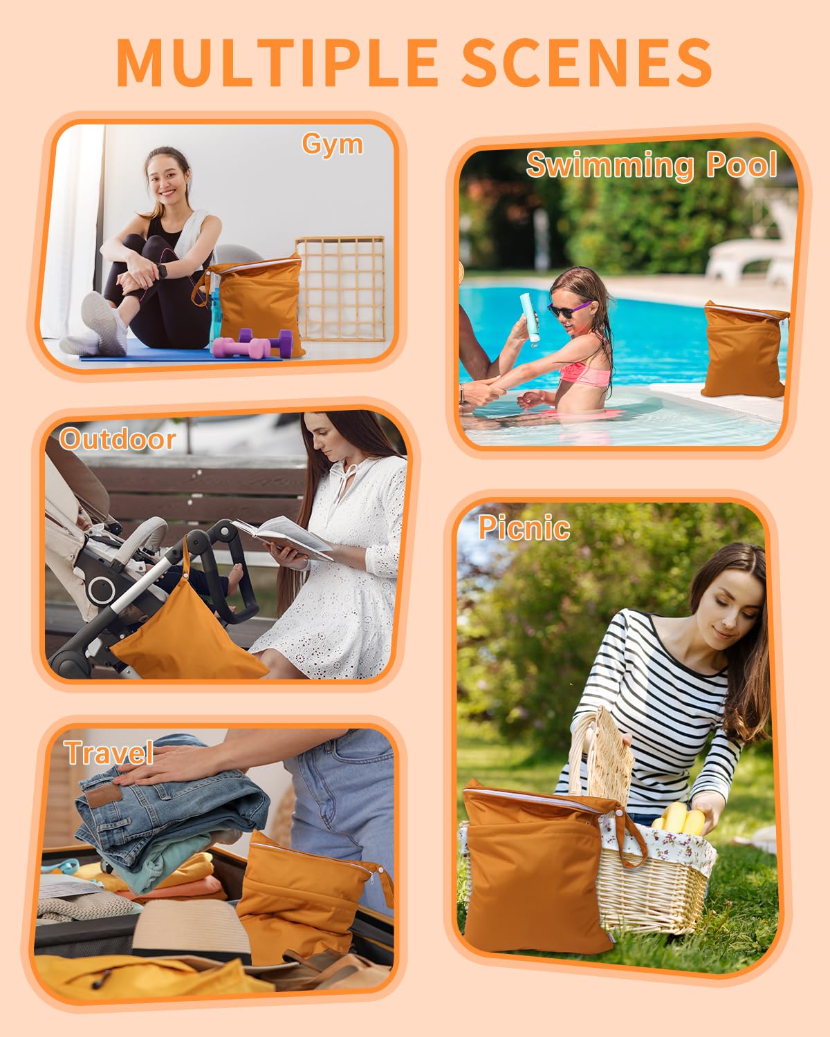 babygoal Wet Dry Bags 3 Pack for Baby Cloth Diapers, Washable Travel Bags, Beach, Pool, Gym Bag for Swimsuits & Wet Clothes with Two Zippered Pockets 3LN29