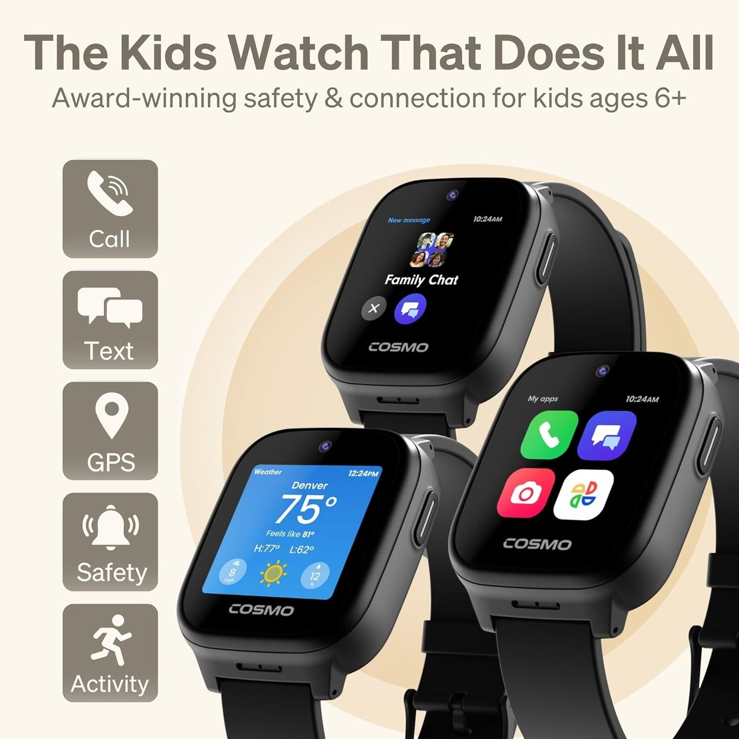 JrTrack 5 Kids Smart Watch by Cosmo | Best Kid-Safe Phone Watch | Precision Real-Time GPS Tracking | Call, Text, Activity, School Settings | Spotify Music | Parental Controls | SOS & Safety Alerts