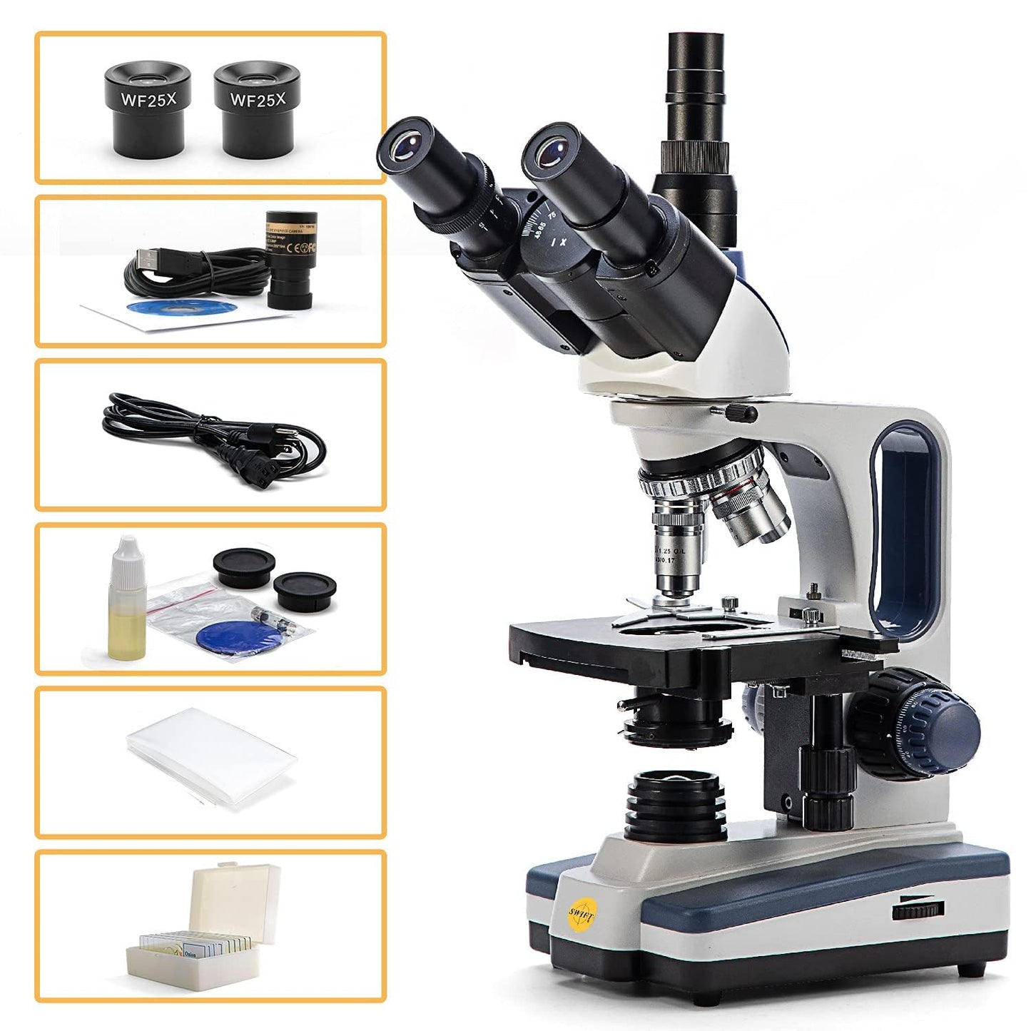 Swift SW350T Compound Trinocular Microscope,40X-2500X Magnification,Two-Layer Mechanical Stage,with 5.0 mp Camera and Software Windows/Mac Compatible and 5 PCS Prepared Slides and 5 PCS Blank Slides