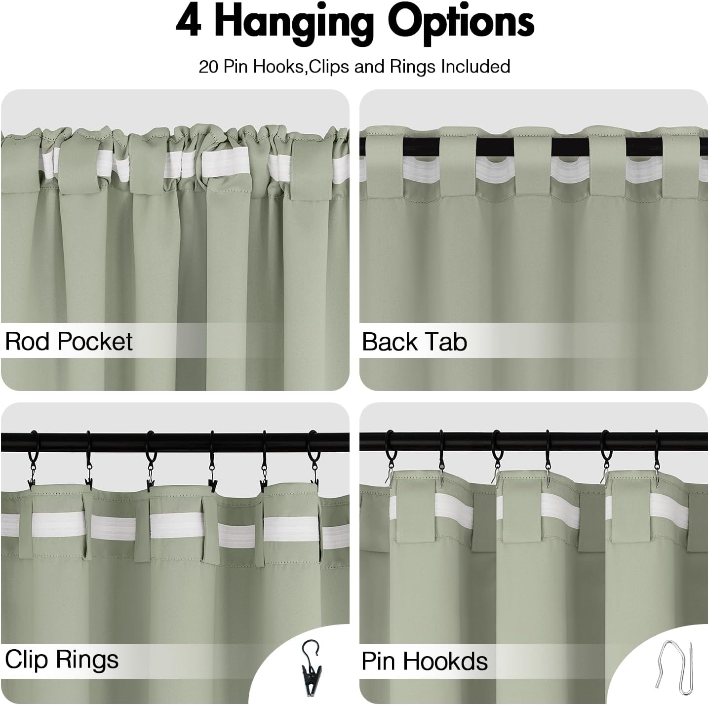 ANRODUO Sage Green Room Darkening Curtains 84 Inch Long 2 Panels Set Thermal Insulated Blackout Drapes with Hooks, Rings, Clips - Light Blocking & Soundproof, Soft Fabric Machine Washable