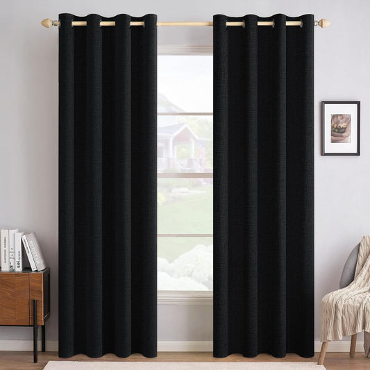 MIULEE Linen Texture 90 Inches Curtains for Bedroom 100% Blackout Thermal Insulated Halloween Black Curtains Grommet Room Darkening Drapes for Living Room Nursery 52x90 Inch (2 Panels)