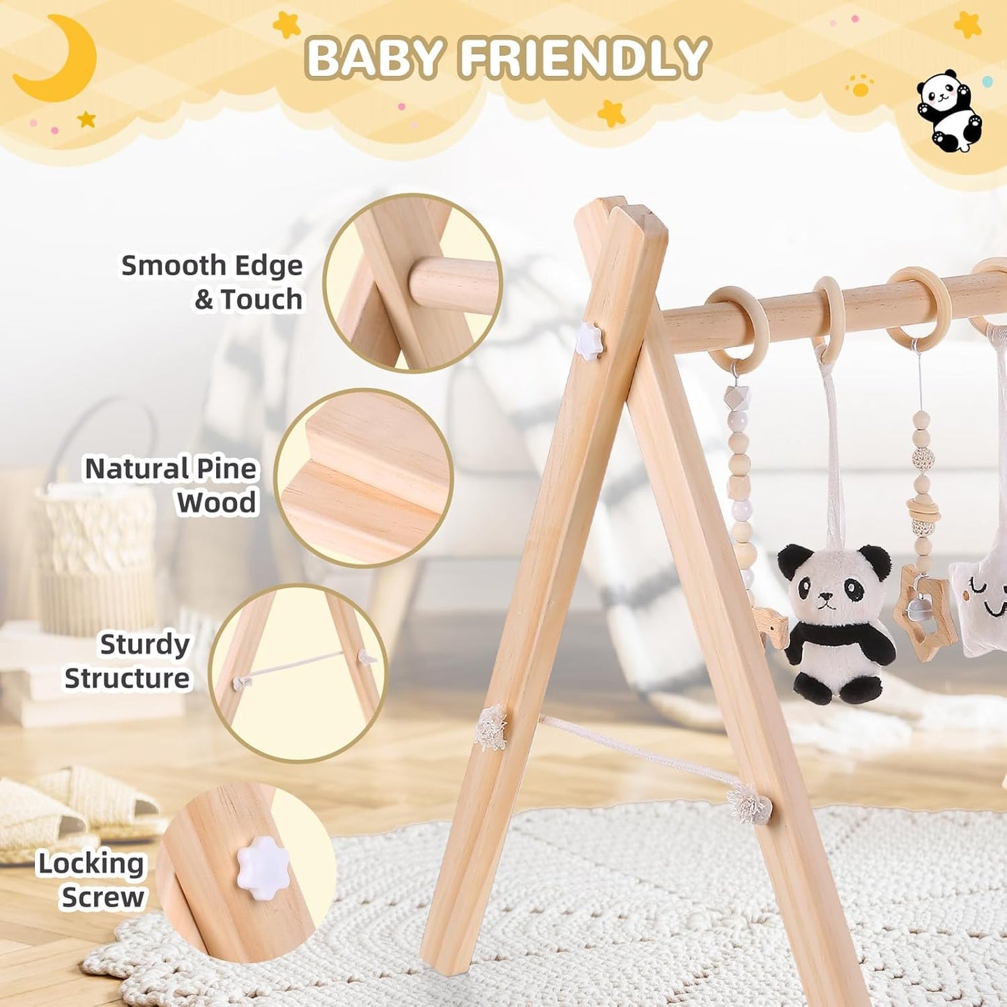 Wooden Baby Play Gym with Mat,Foldable Activity Gym for Newborns 0-12 Months,6 Hanging Sensory Toys for Infant Development,Montessori Toys for Baby Boys & Girls Shower Gift (Elephant)
