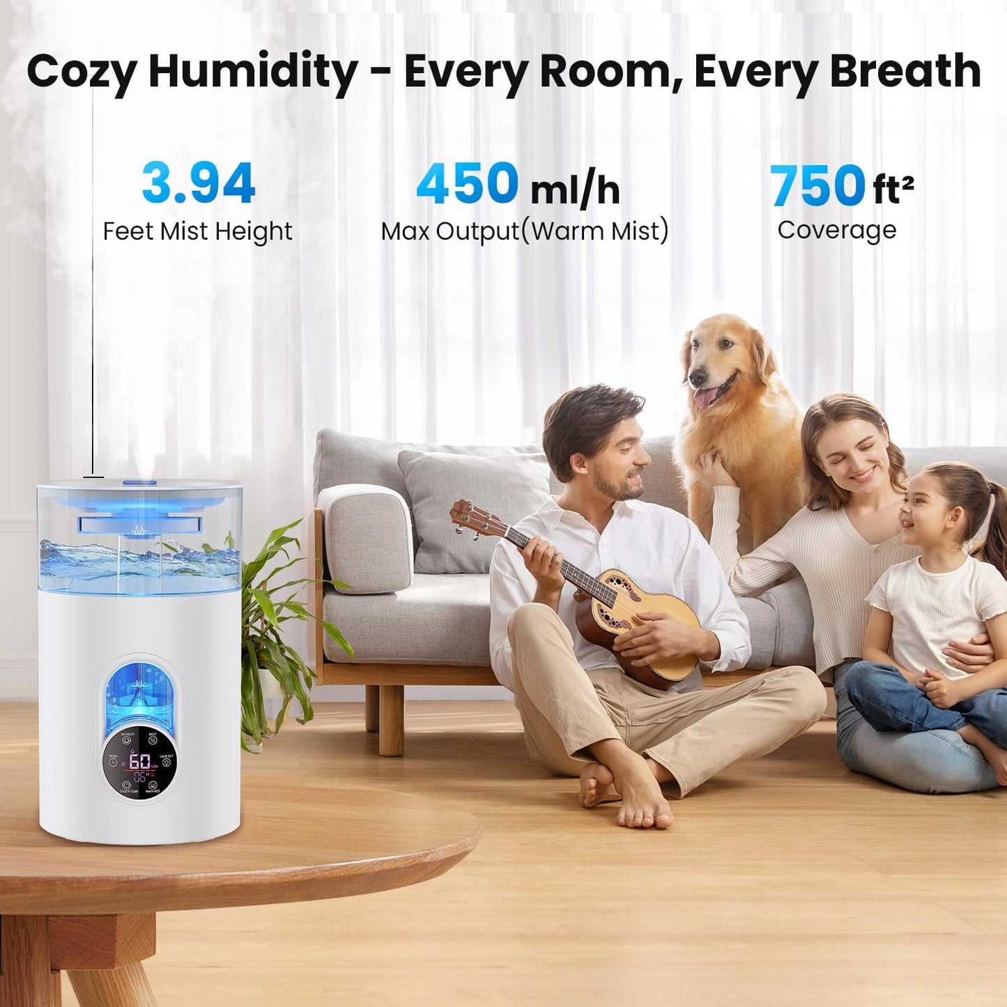 Humidifiers for Bedroom Large Room Home - GloryAir 6L Quiet Top Fill Cool & Warm Mist Humidifier with Smart Humidity Control, Remote Control, 7-Color Light, Humidistat, Oil Diffuser for Plants & Baby