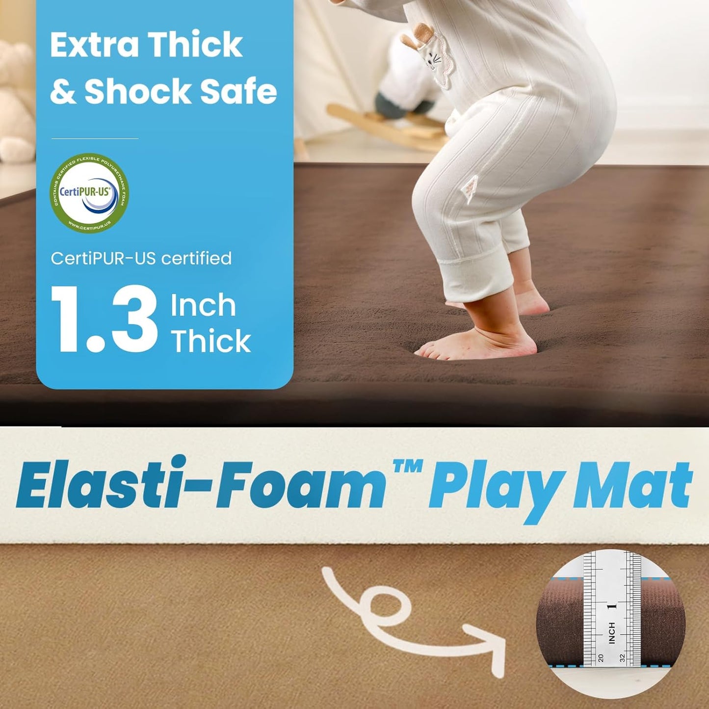 Ultra Soft Baby Play Mat,79"×79" Extra Large Activity Tummy Time Mat for Toddlers,Infants,Kids,1.3" Thick Elasti-Foam Nursery Rug for Floor,Non-Slip Safe for Crawling,Water-Repellent(Chocolate Brown)