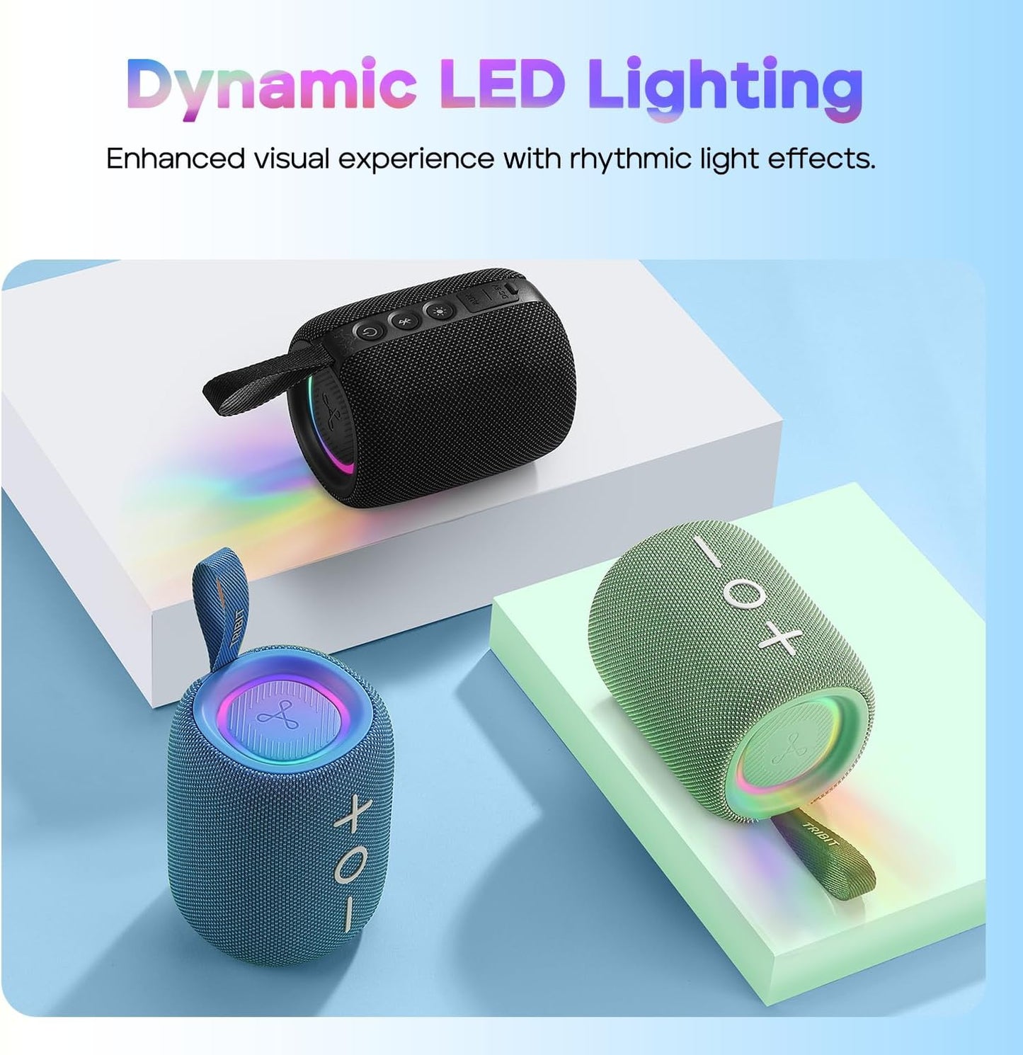 Tribit Portable Bluetooth Speaker StormBox Mini+, 12W Shower Speaker with 360°Surround Sound, 12H Playtime, Custom EQ, BT5.4, IPX7 Waterproof, RGB Lights, Type-C, AAC/SBC, TWS, Party/Beach/Gift (Blue)