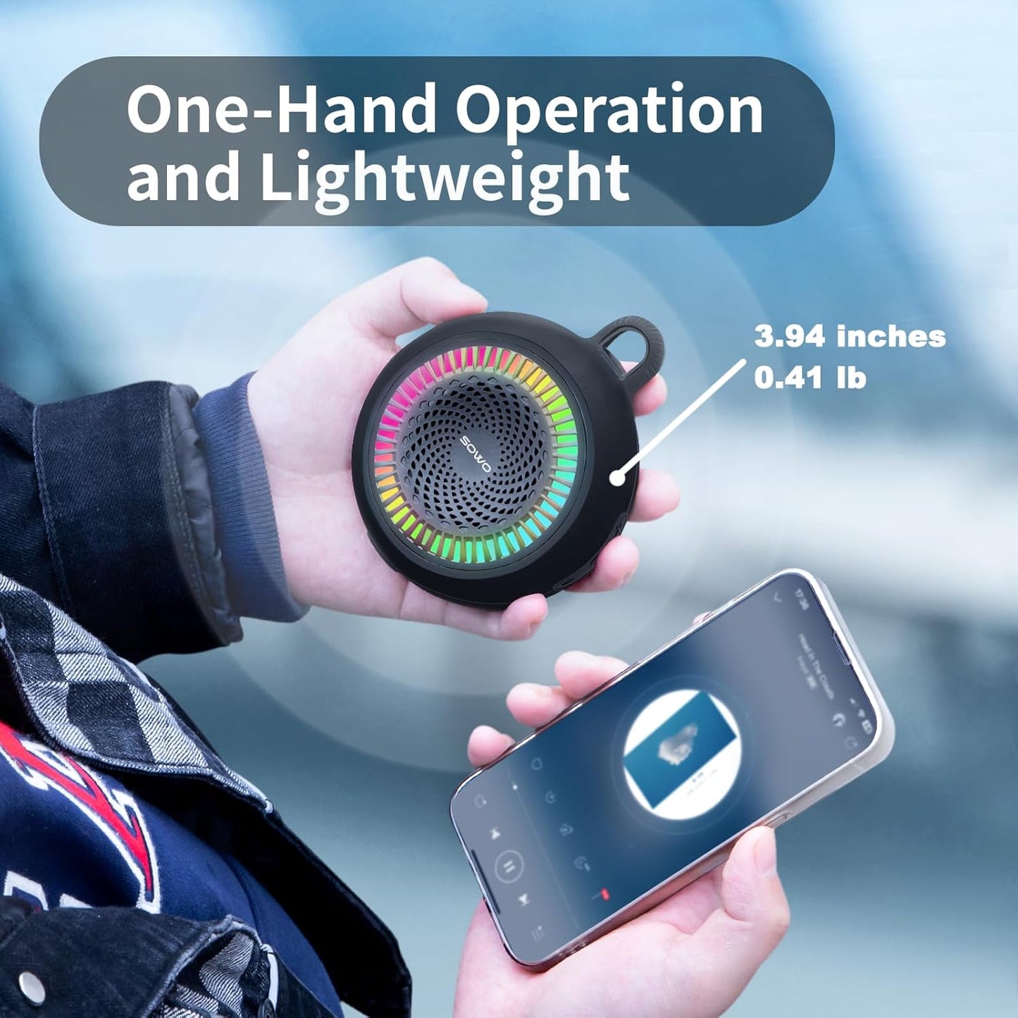 SOWO Shower Speaker Bluetooth Waterproof | Small Portable Wireless Bluetooth Speaker with Clip | Powerful Bass and Louder Volume | Colorful Lights and Lightweight | for Bathroom,Travel,Beach | Black